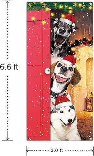 Miniatura 2 de Divertida cubierta de puerta de Feliz Navidad Cartel grande y lindo de perros de Papá Noel para decoración de puerta delantera Fondo de fotografía