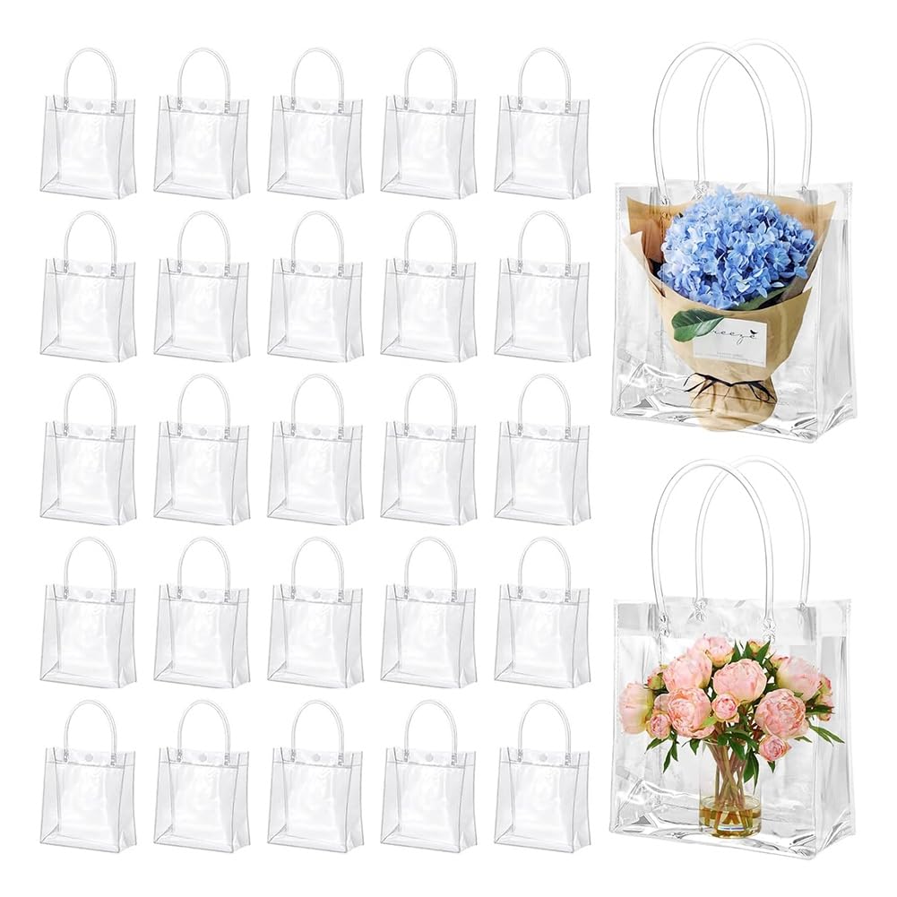CTRLZS 50 Pcs Clear Gift Bags with Handles Plastic Gift Bags Transparent Reusable Tote Bags Candy Goodie Bags for Wedding