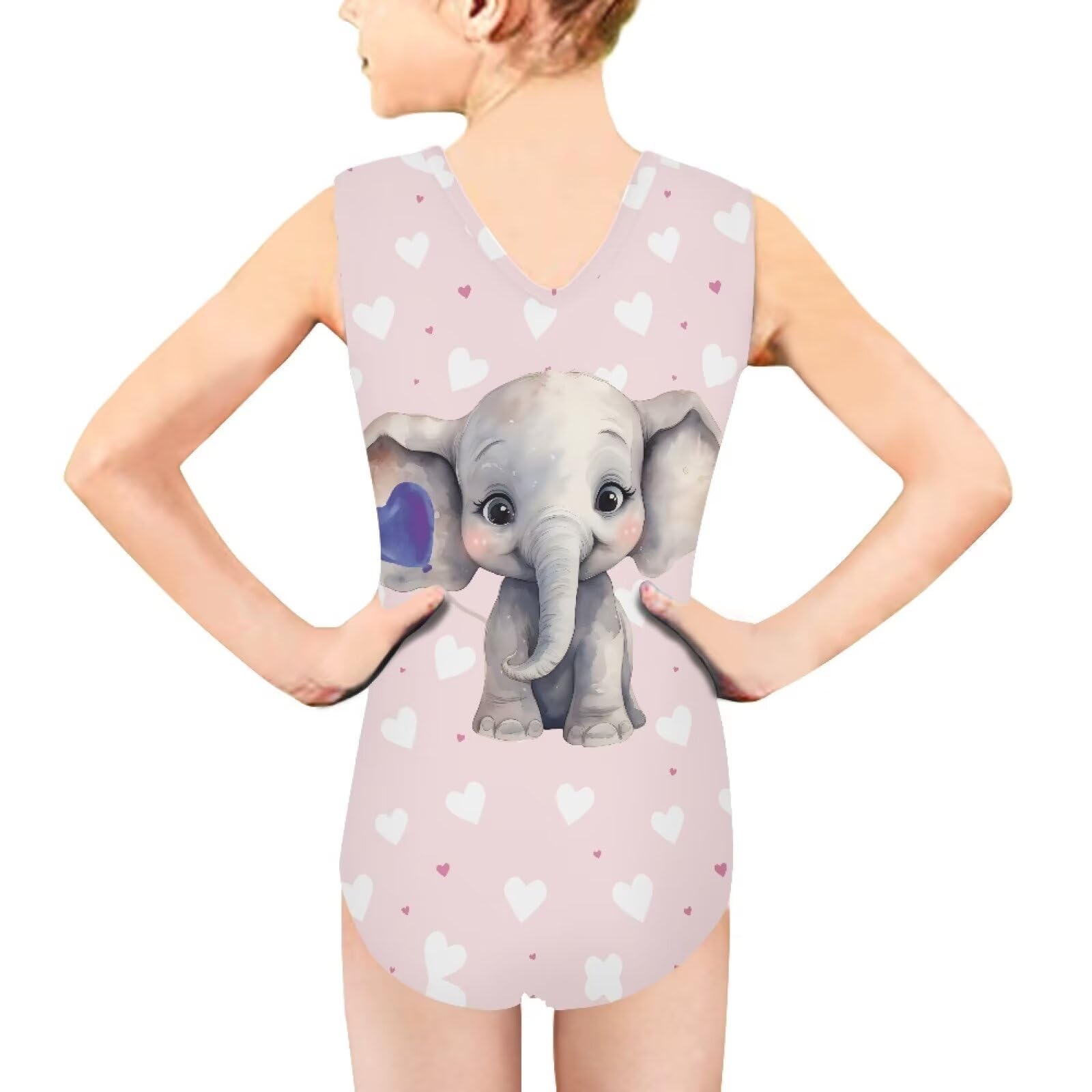Babrukda Pink Heart Cute Elephant Pattern Girl One Piece Swimsuit Soft Comfy Bodysuit Cute Swimwear Youth Summer Beach Pool Bathing Suit Gymnastic Dance Leotard Practice Outfit 9-10 Years