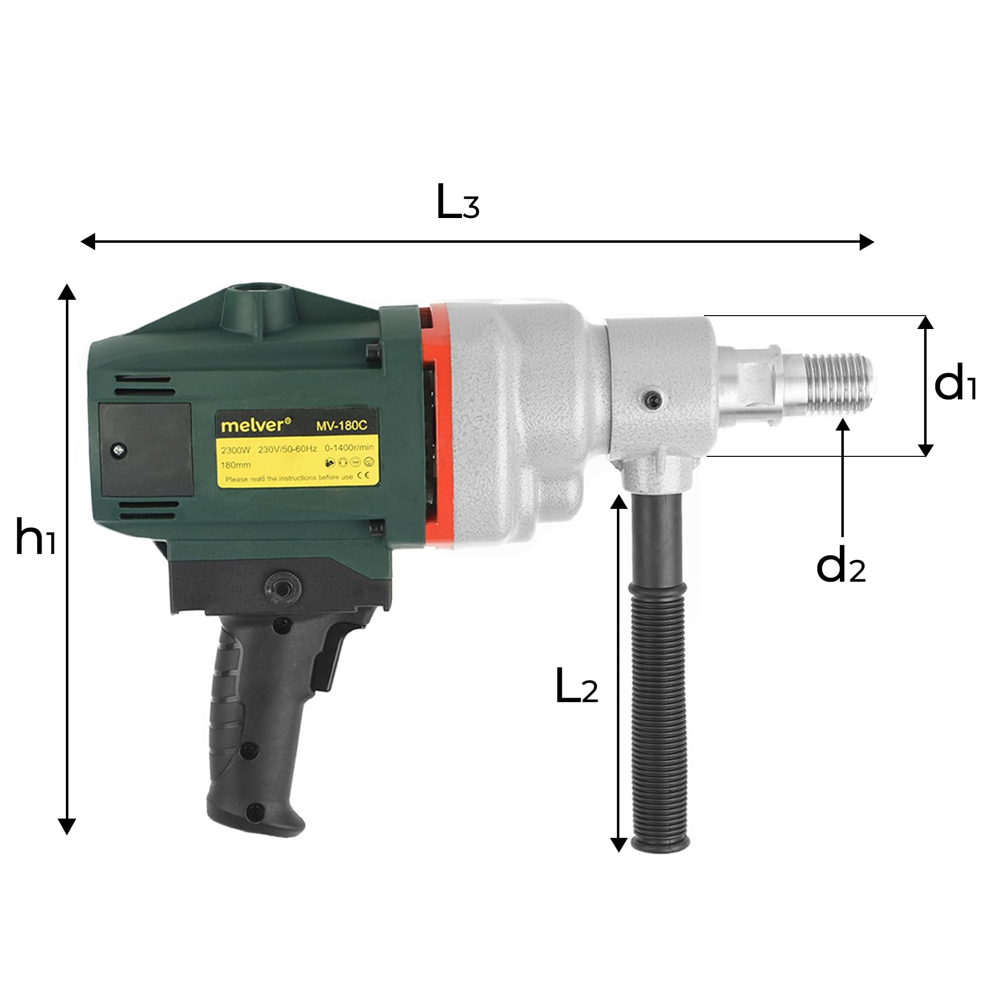 MELVER Taladro central manual 2300 W - Taladro de diamante con interruptor de protección PRCD - Taladro central 1400 RPM para perforación en húmedo y seco