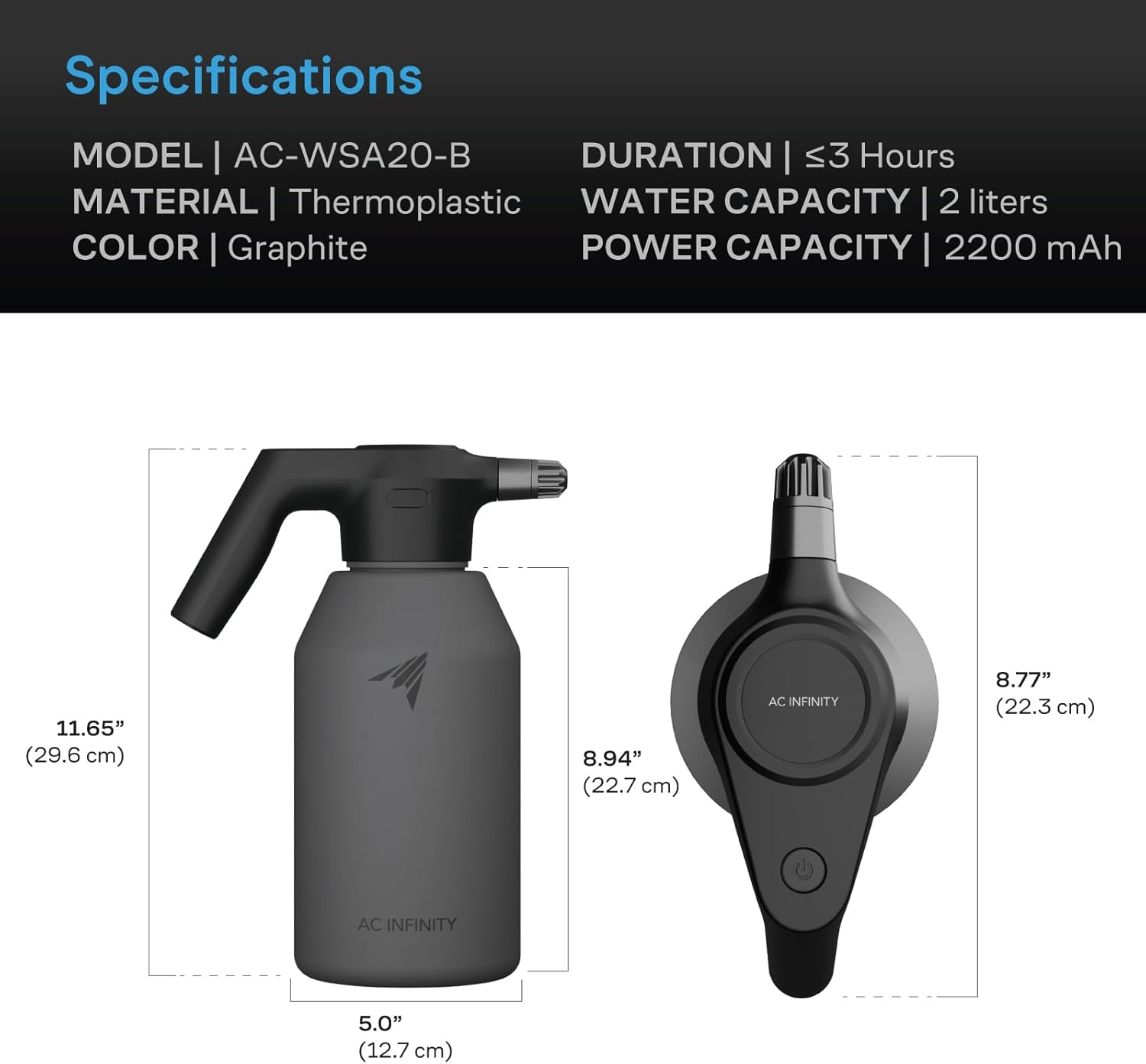 AC Infinity Automatic Sprayer, 2L Portable Electric Spray Bottle, USB Rechargeable with Adjustable Nozzle Spout for Plants Fertilizing Gardening and Cleaning (Graphite)