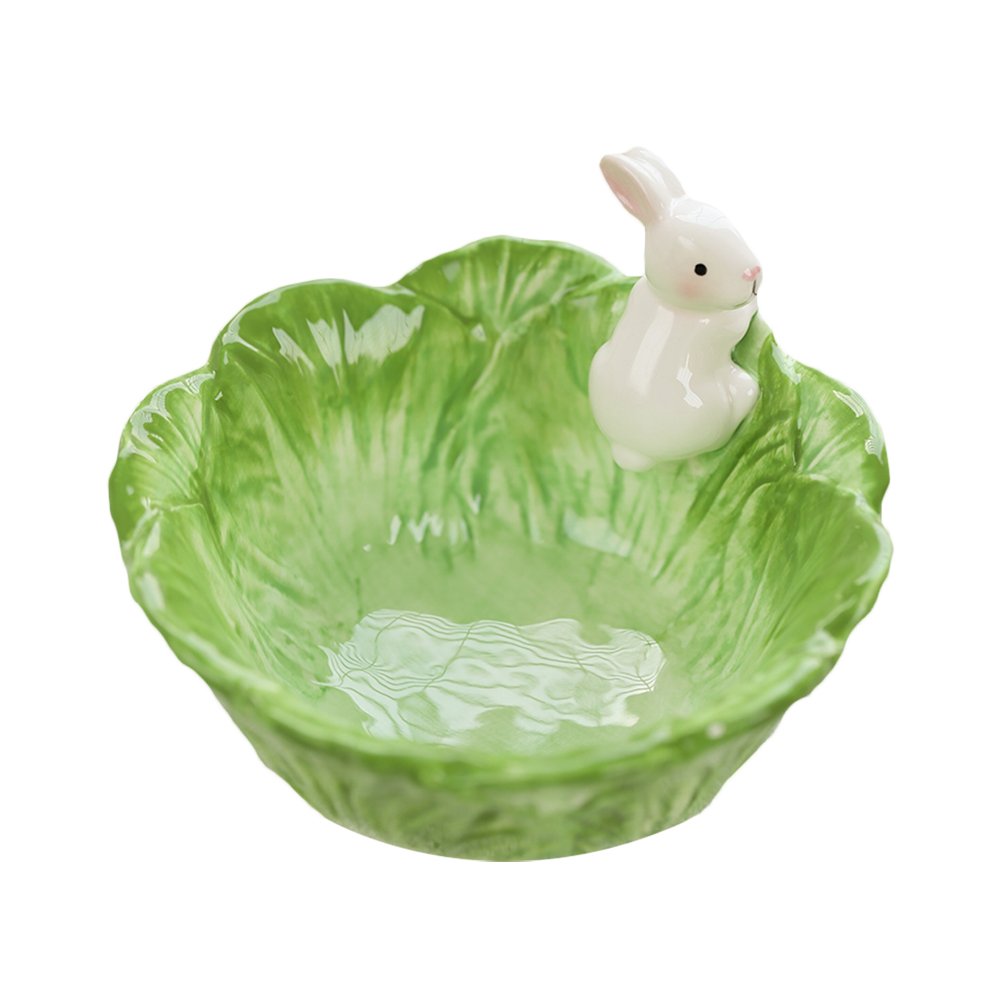 Colias Wing Cuddly Cartoon Animal White Rabbit Pattern Design Ceramic Salad/Pasta/Fruit/Appetizer/Dessert Bowls, Breakfast Lunch Dinner Bowls for Kids-Green