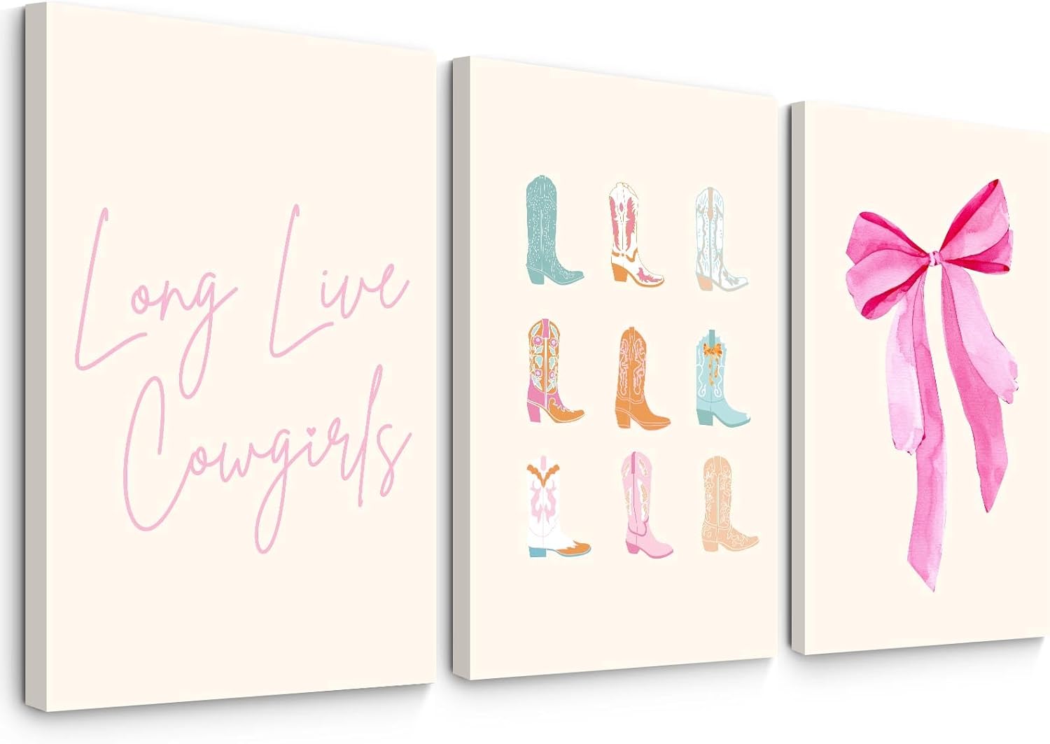Preppy Pink Wall Art Decor Cowgirl Posters Prints Coquette Bow Wall Art Decor Pink Boots Canvas Pictures for Teen Girl Room Bedroom Bathroom 16x24 Inch Framed Set of 3 16x24 Inch Canvas Letter Shoe Bow Prints