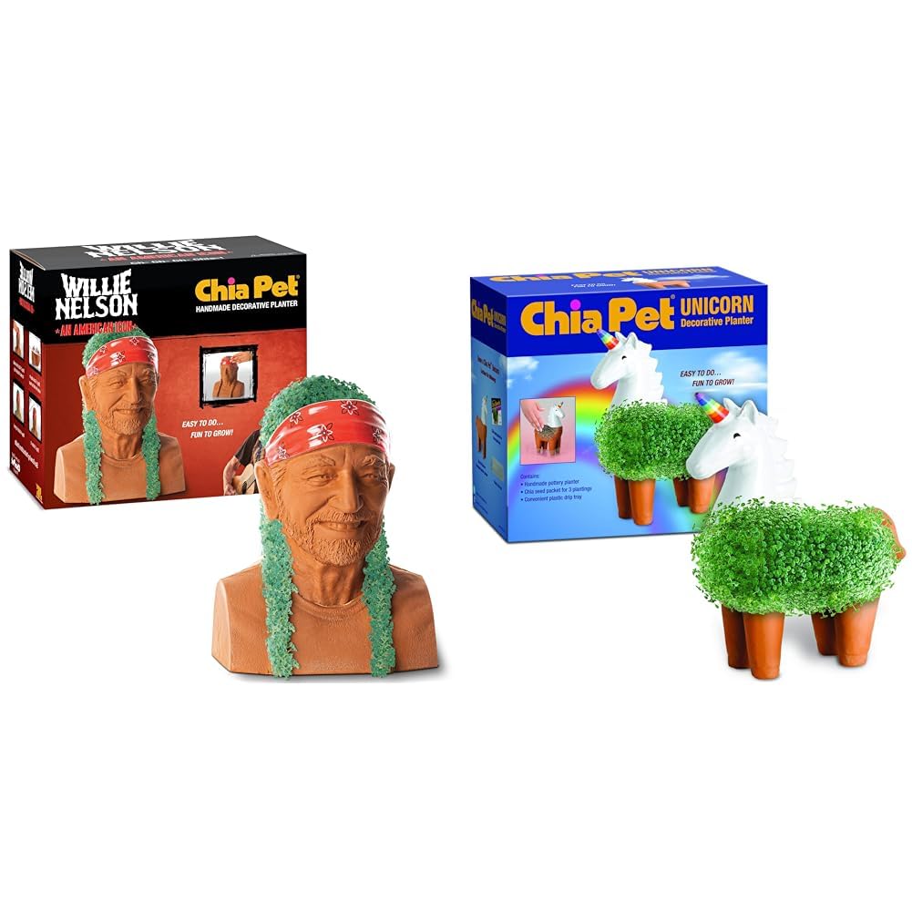 Chia Pet - Willie Nelson - with Seed Pack, Decorative Pottery Planter by Joseph Enterprises & Pet Unicorn with Seed Pack, Decorative Pottery Planter, Easy to Do and Fun to Grow