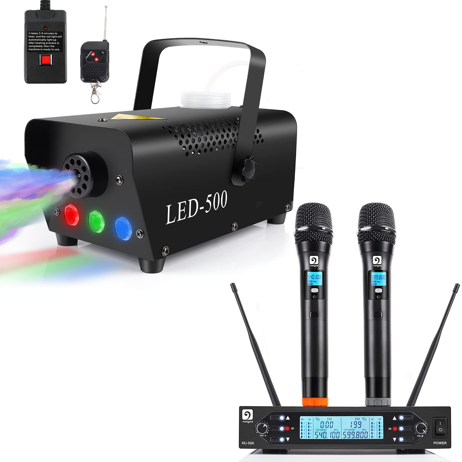 Vangoa 500W Fog Smoke Machine Bundle with UHF Wireless Microphone System