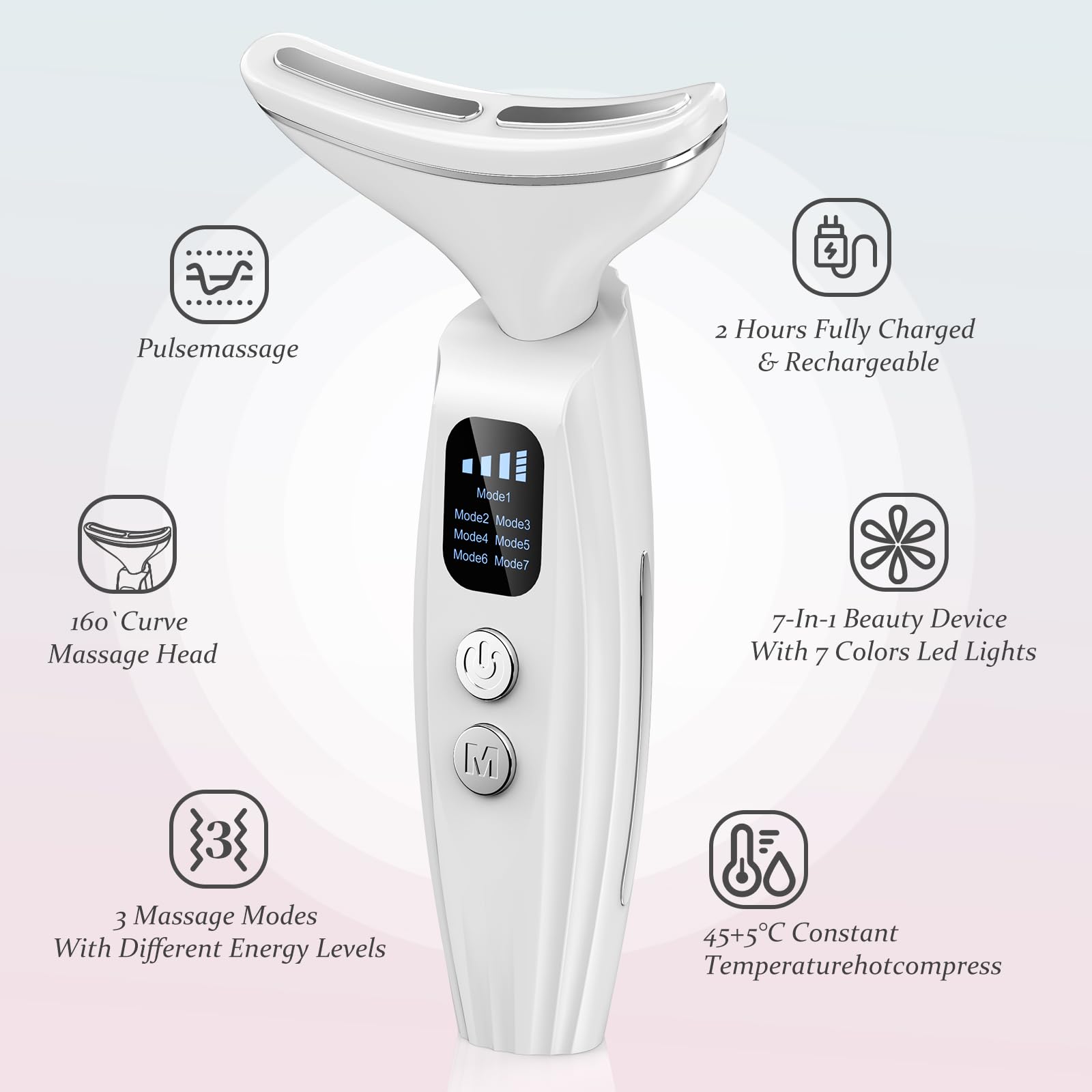 Gesichtsmassagegerät Gegen Falten EMS Gerät Hals Massager, Face Beauty Device mit Lifting Effekt & Anti Aging, 3 Modi, 7 Farben LED Licht wiederaufladbar