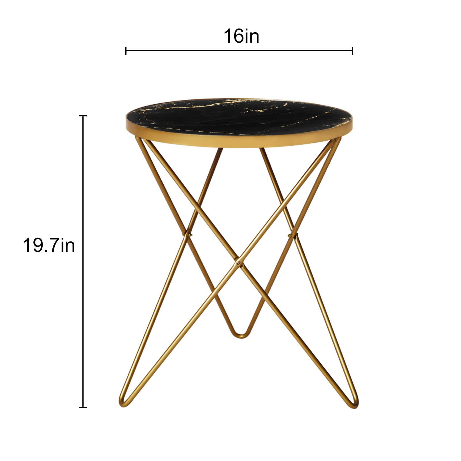 Modern Round Side Table, End Table with Marble Effect Top and Gold Metal Frame, Small Side Table for Living Room, Bedroom, Sofa and Couch, Gold Legs, Black Marble top