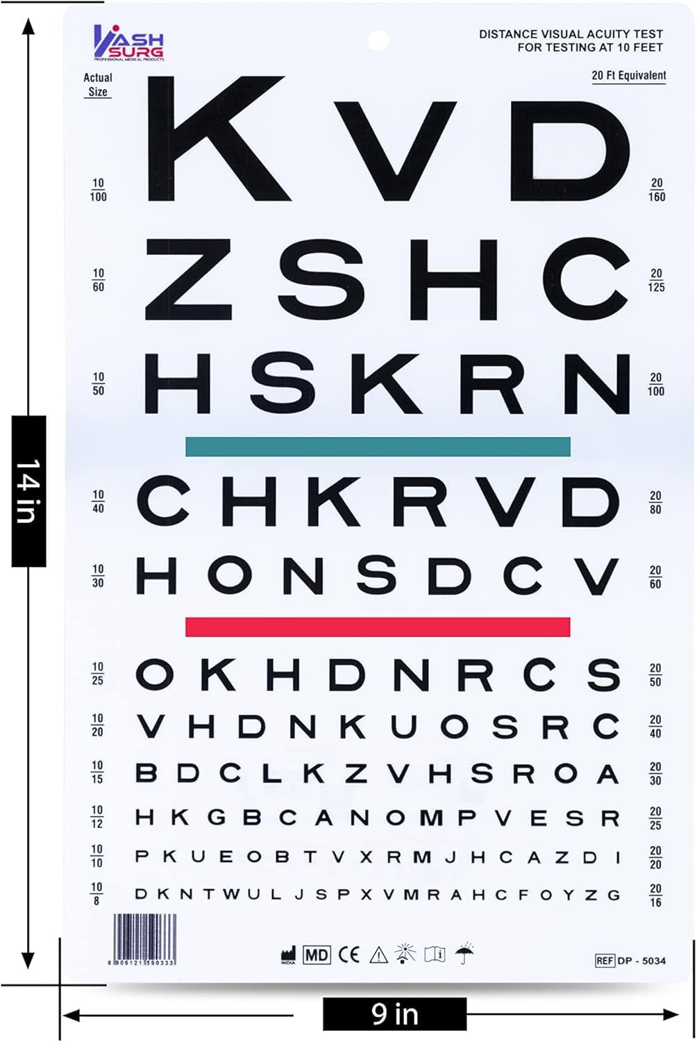 KASHSURG Snellen Visual Acuity Eye Chart for 10 Feet 14 x 9 Inches_164_Pack of 33