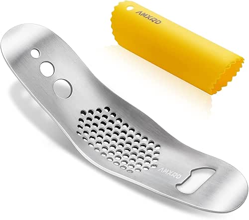 Garlic Press Rocker & Silicone Peeler, Stainless Steel Garlic Mincer,