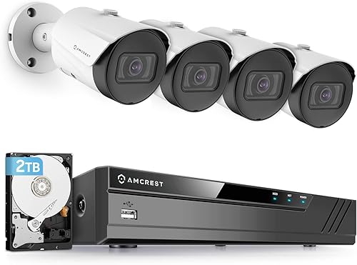Amcrest Sistema de cámara de seguridad de 5MP, 4K 8CH PoE NVR, (4) lente gran angular de 5 megapíxeles de 0.110 in resistente a la intemperie,