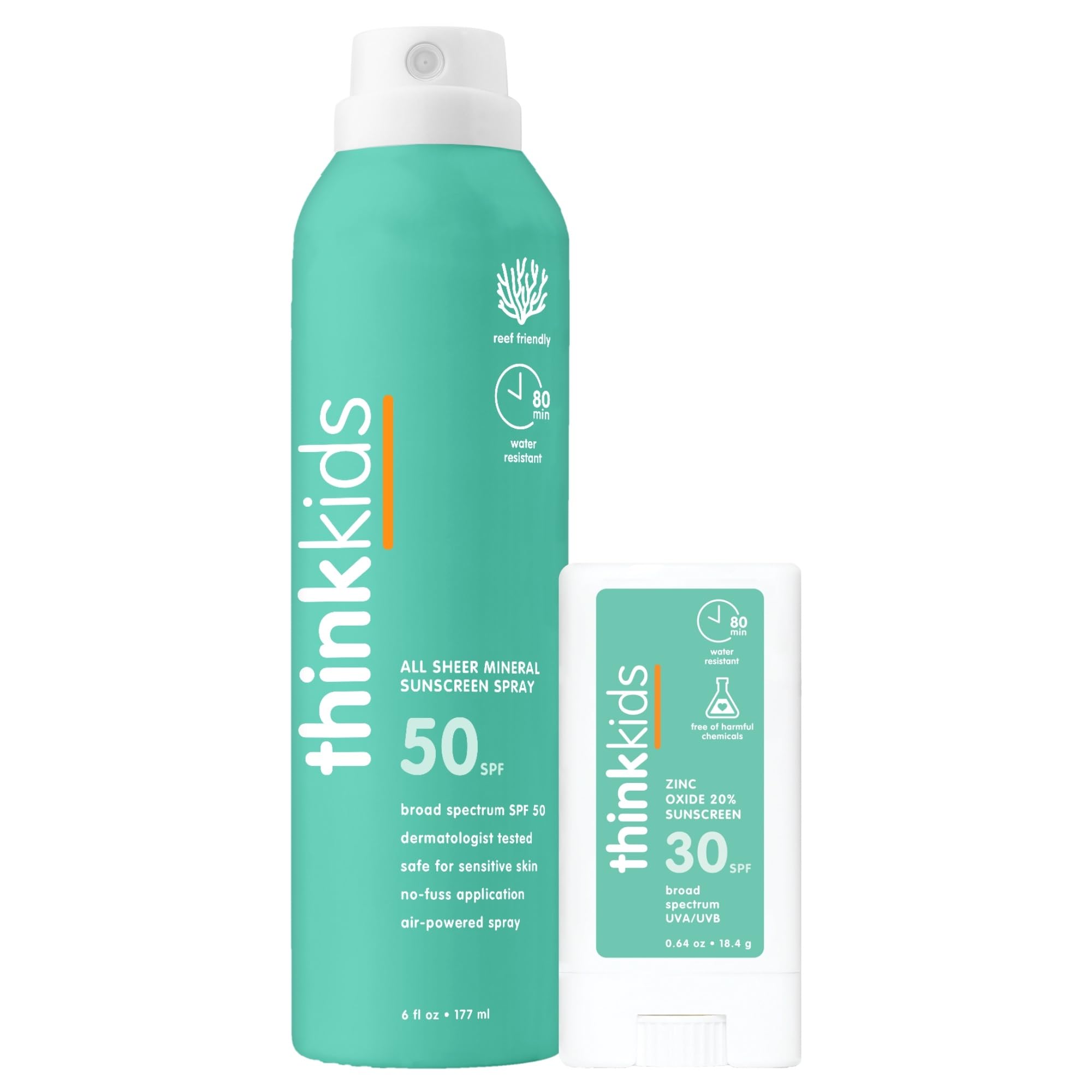 Thinkkids SPF 50+ Mineral Sunscreen Spray, 6 oz + Thinkkids SPF 30+ Sunscreen Stick, 0.64 oz, Water Resistant - Broad Spectrum UVA/UVB Sun Protection