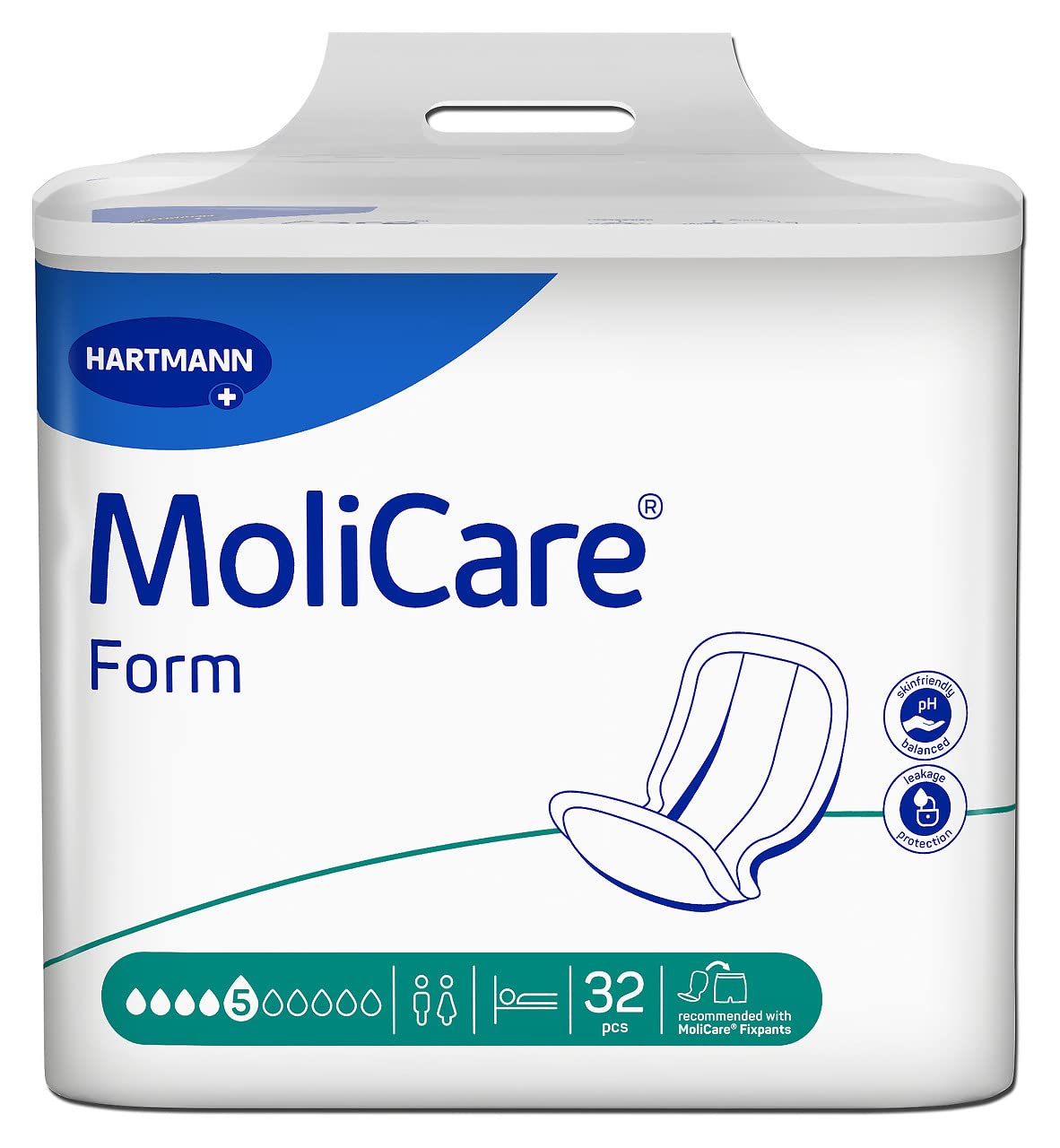 Molicare Forma 5 kropli, do średniego nietrzymania moczu: wysokie bezpieczeństwo, dodatkowa ochrona przed wyciekiem i dyskrecja dla kobiet i mężczyzn, 32 sztuki
