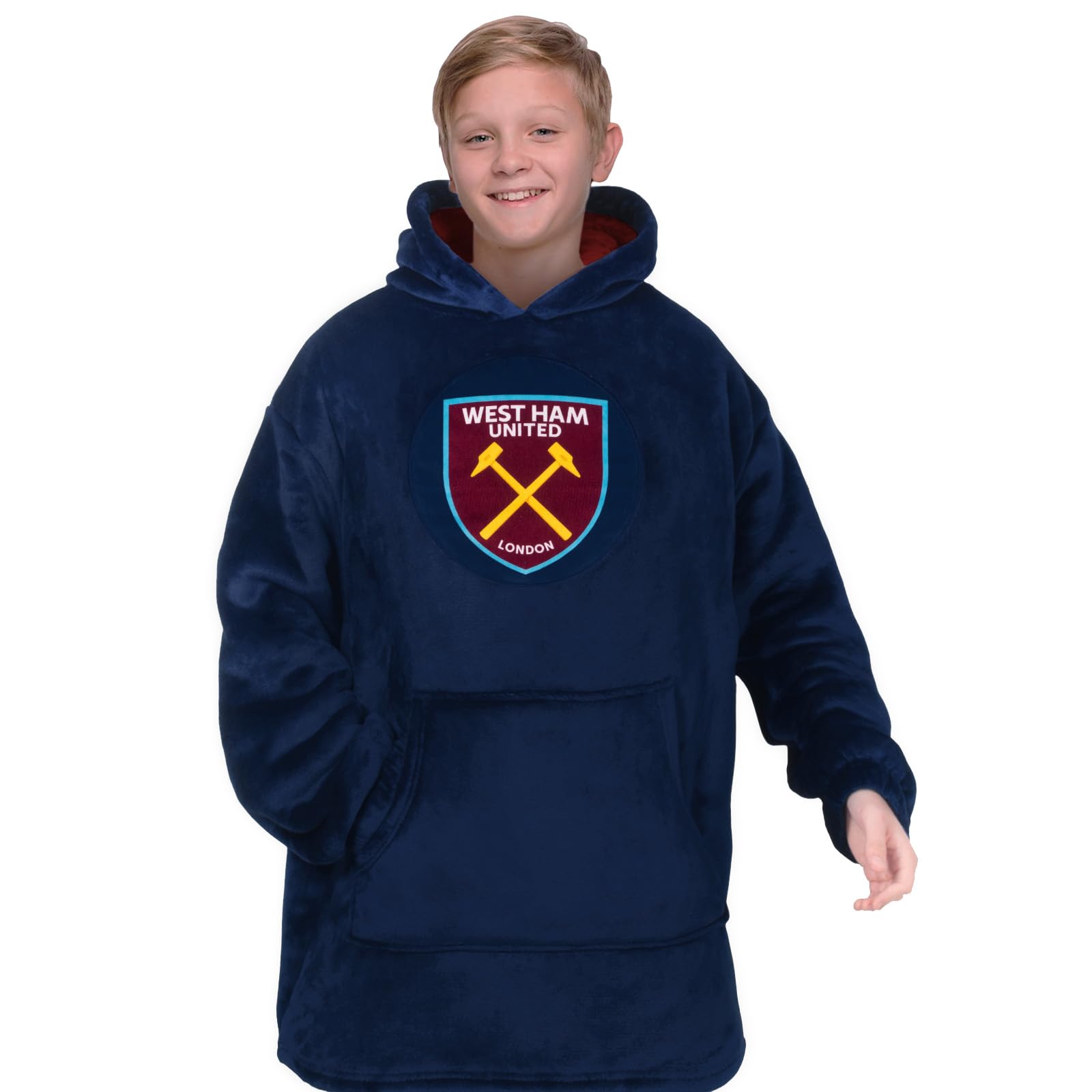 West Ham United FC Kids Oversized Hoodie Blanket - Official Football Gift, Navy, Size 6-10 Years