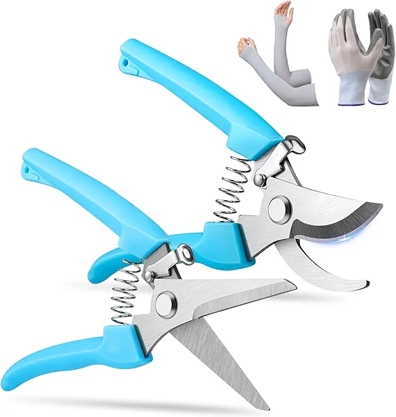 Meibatu Garden Pruning Shears, 2-Pack Stainless Steel Garden Shears, Flower Scissors for Cutting Flowers, Trim Plants, Bonsai, Fruits, Includes Gloves & Arm Sleeves, Ideal Gardening Gift (Blue)