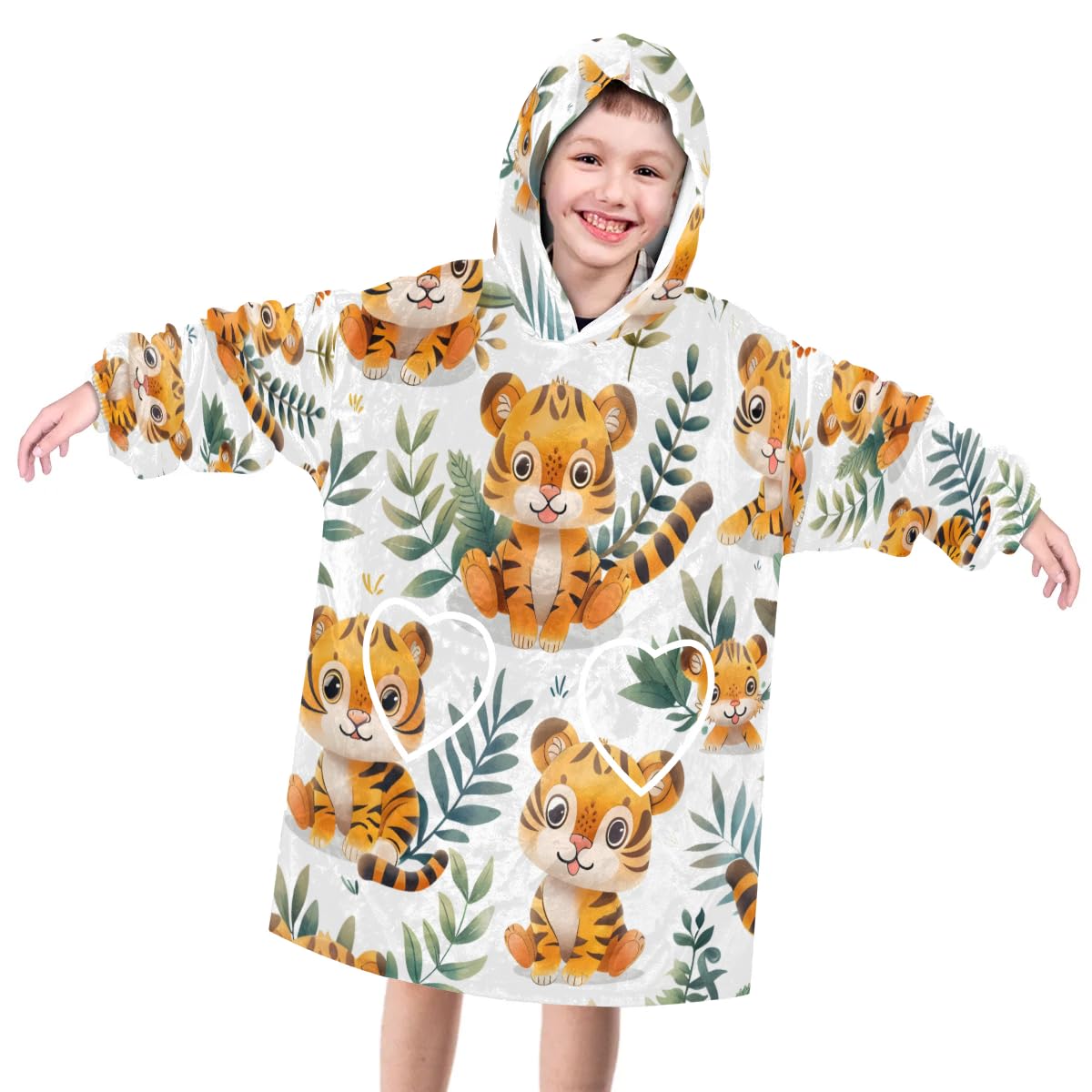 Wearable Blanket Hoodie for Kids, Stealthy Tiger Fleece Sweatshirt Blanket Oversized Blanket Sweatshirt with Pocket Flannel Warm Hooded Blanket 6-10 Year Old Girl Boy Gift, One Size