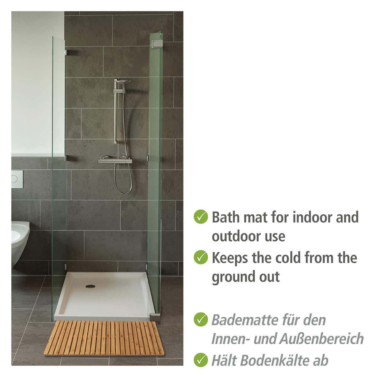 Wenko Pedana Indoor & Outdoor Bambù, tappetino antiscivolo per ambienti interni ed esterni in bambù ecologico, moderna pedana per la doccia, la vasca da bagno e la zona piscina, 100 x 50 cm