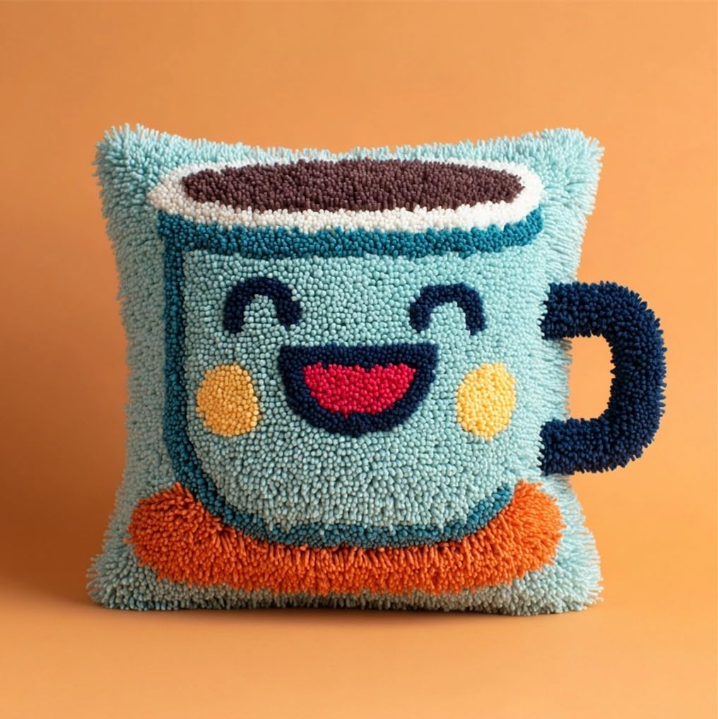 Taxpy Latch Hook Kits for Adults Beginners, Smiling Cup 17X17 in Pre-Printed Latch Hook Pillow Kit, Craft Rug Making Kits, DIY Embroidery Cushion for Home Sofa Decor & Gift Idea