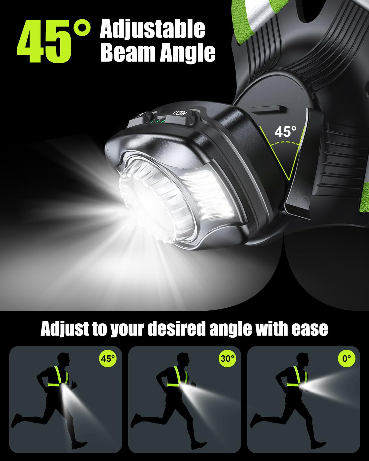 Feux de course pour coureurs, 500 lumens, faisceau réglable à 45°, 6 modes et étanchéité IPX4, gilet réfléchissant rechargeable 1800 mAh pour marche nocturne, cyclisme, jogging, randonnée