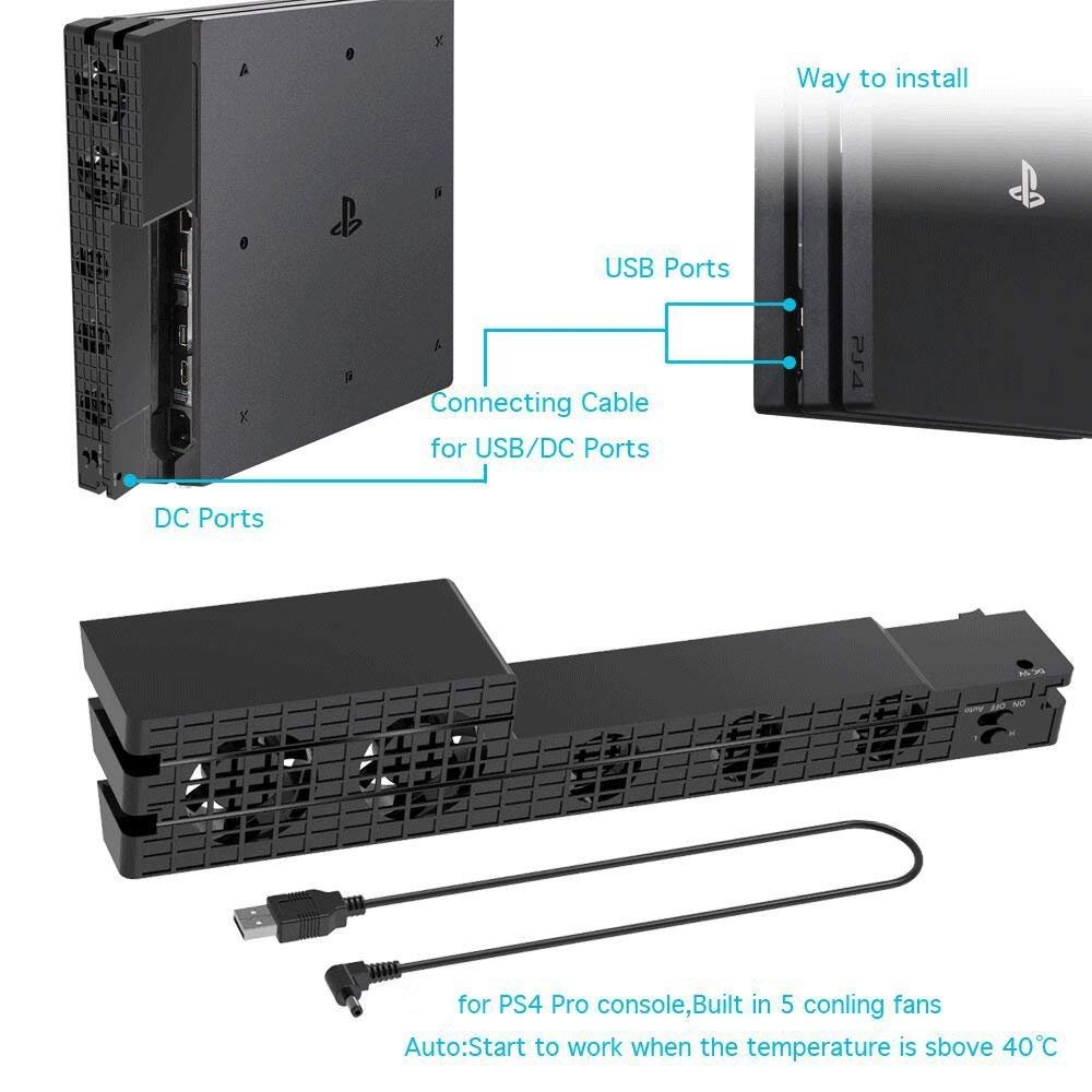 WINGONEER USB External 5-Fan Super Turbo Temperature Cooling Fan with USB Cable Black for Comfortable with Sony Playstation 4 Pro Gaming Console