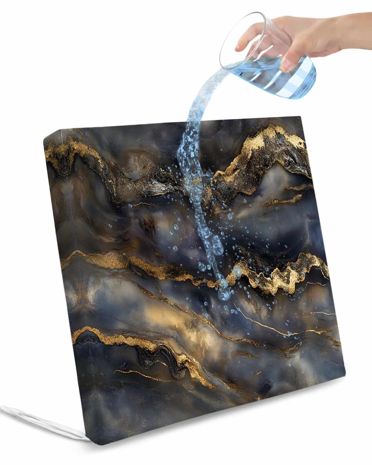 2 Pack Modern Abstract Waterproof Cushion Covers with Ties, Outdoor Patio Chaise Lounge Chair Seat Cushion Slip Covers Replacement(Only Cover) Luxury Black Golden Marble Texture 24