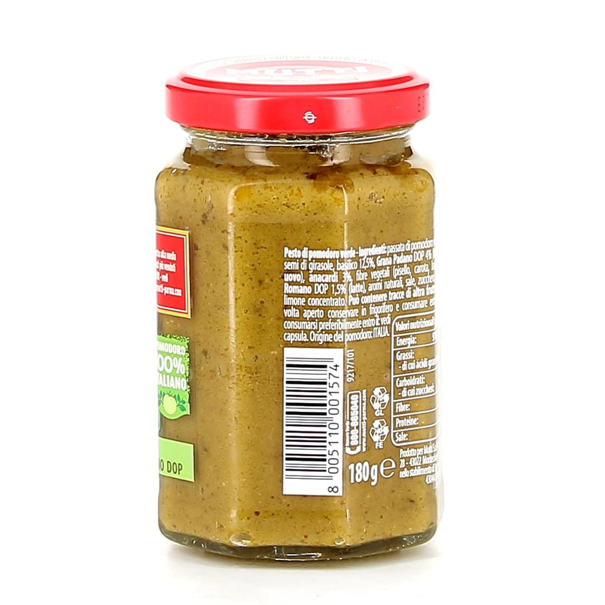 12x Mutti Pesto Verde Pomodori Verdi Grünes Tomatenpesto Pasta Sauce 100% italienische Tomate Glas 180g Würzsaucen mit Cashewnüssen, Grana Padano und Pecorino Romano