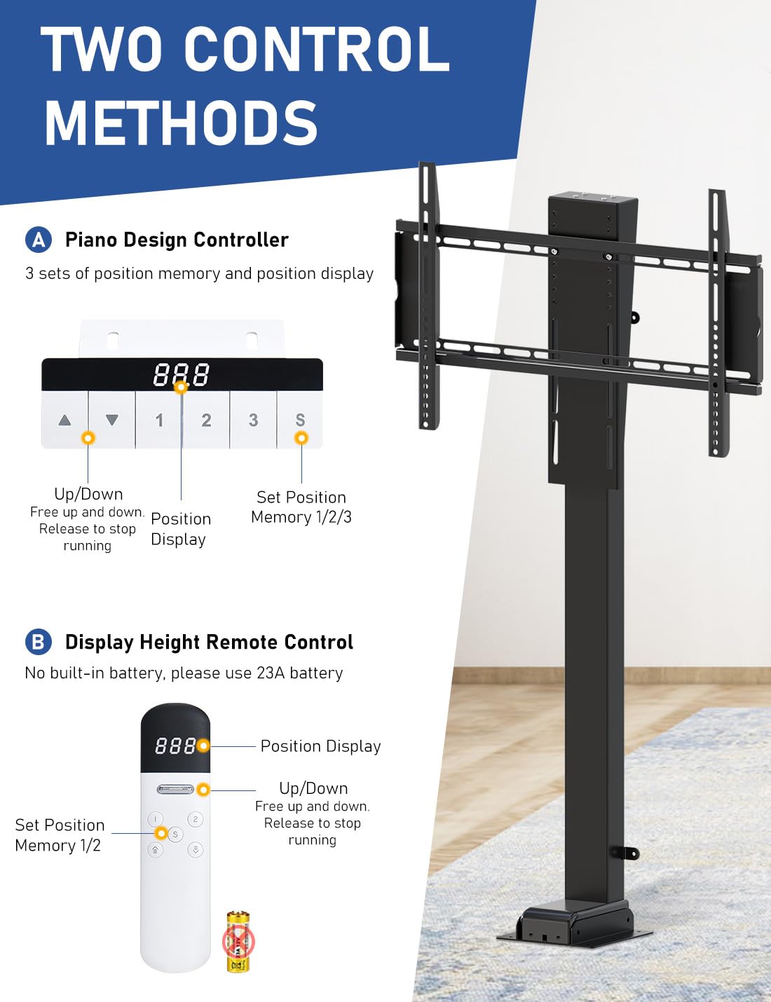 DIHOOL TV Elettrico con telecomando per 60-75 pollici Max 100kg TV stand regolabile in altezza (altezza: 710-1610MM)
