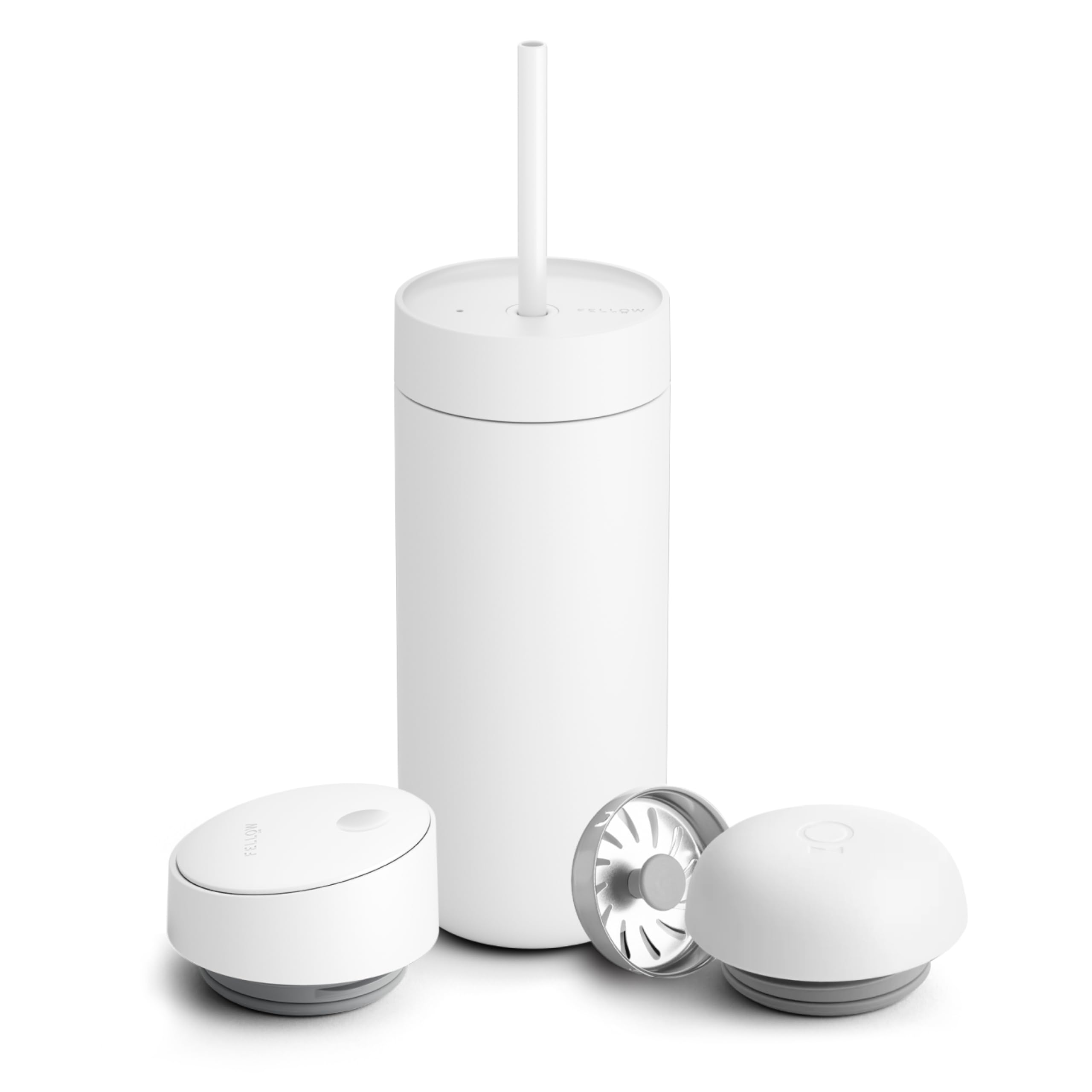 Fellow Tasse de voyage 3 en 1 avec fermeture coulissante, couvercles Move & Cold avec paille – Tasse à café à emporter – Intérieur en céramique et acier inoxydable isolé sous vide – Tasses à café
