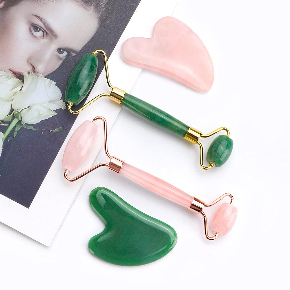 Strumento di sollevamento del viso Massaggiatore di quarzo rosa rullo di quarzo dimagrante Naturale Giada Facciale Massaggio di massaggio-H Green Set con scatola_CINA