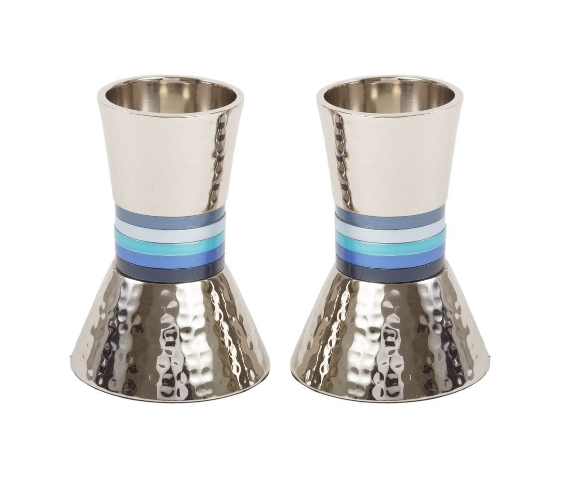 Yair Emanuel Pair of Shabbat Candlesticks | Hammered Metal Designed with Shades of Blue Rings | CA-2