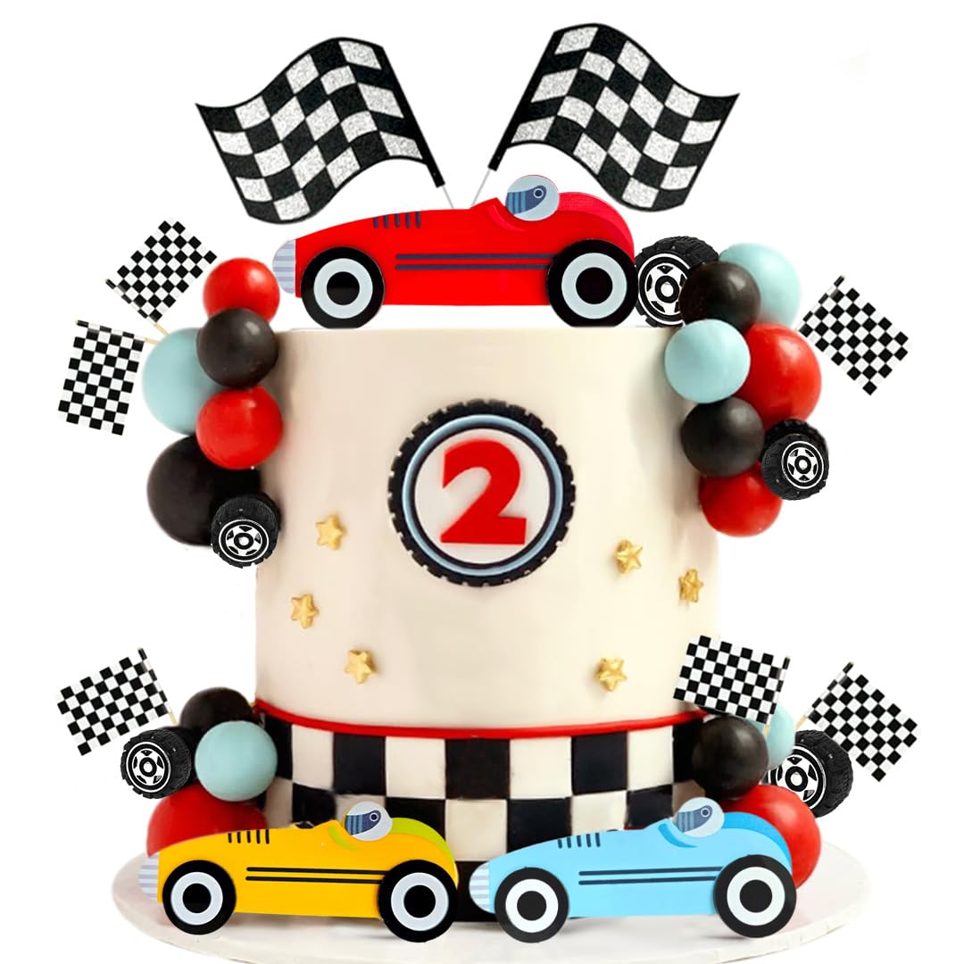 Photo 1 of Race Cake Toppers with Acrylic Red Yellow Blue Car Black Red Blue Balls Flags Set for Birthday Party