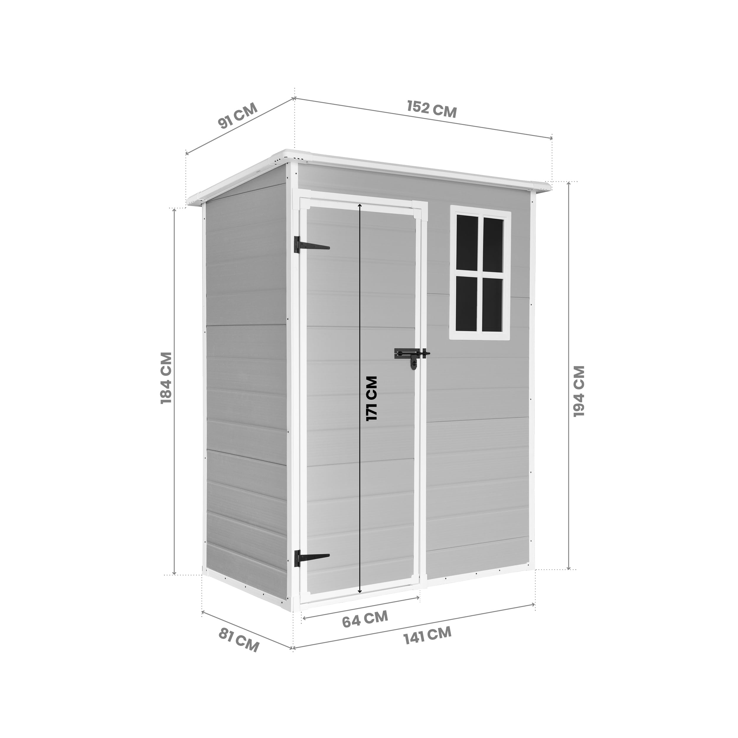 Wasabi - Caseta de Resina Jardín Aqua 1.4 – Ventana Luz Natural – Suelo Incluido - Paneles 12mm de Espesor - Gris Blanco - Cobertizo PVC Almacenaje Exterior - 1,37m2 Techo Dos Aguas - 5