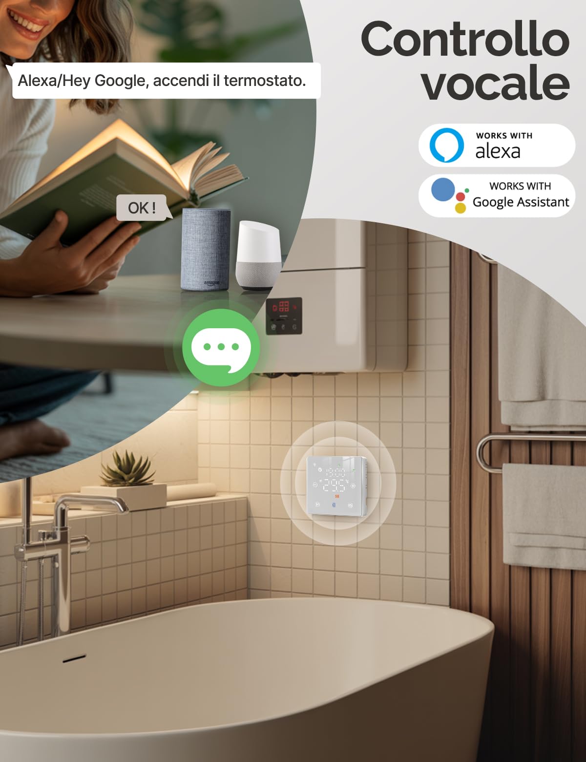 MOES 2 Fili Termostato a batteria Caldera WiFi a Riscaldamento, Adatto alle Caldaie a Gas, Termostato a controllo vocale programmabile, Compatibile con Google Assistant/Alexa/Tuya/Smart Life