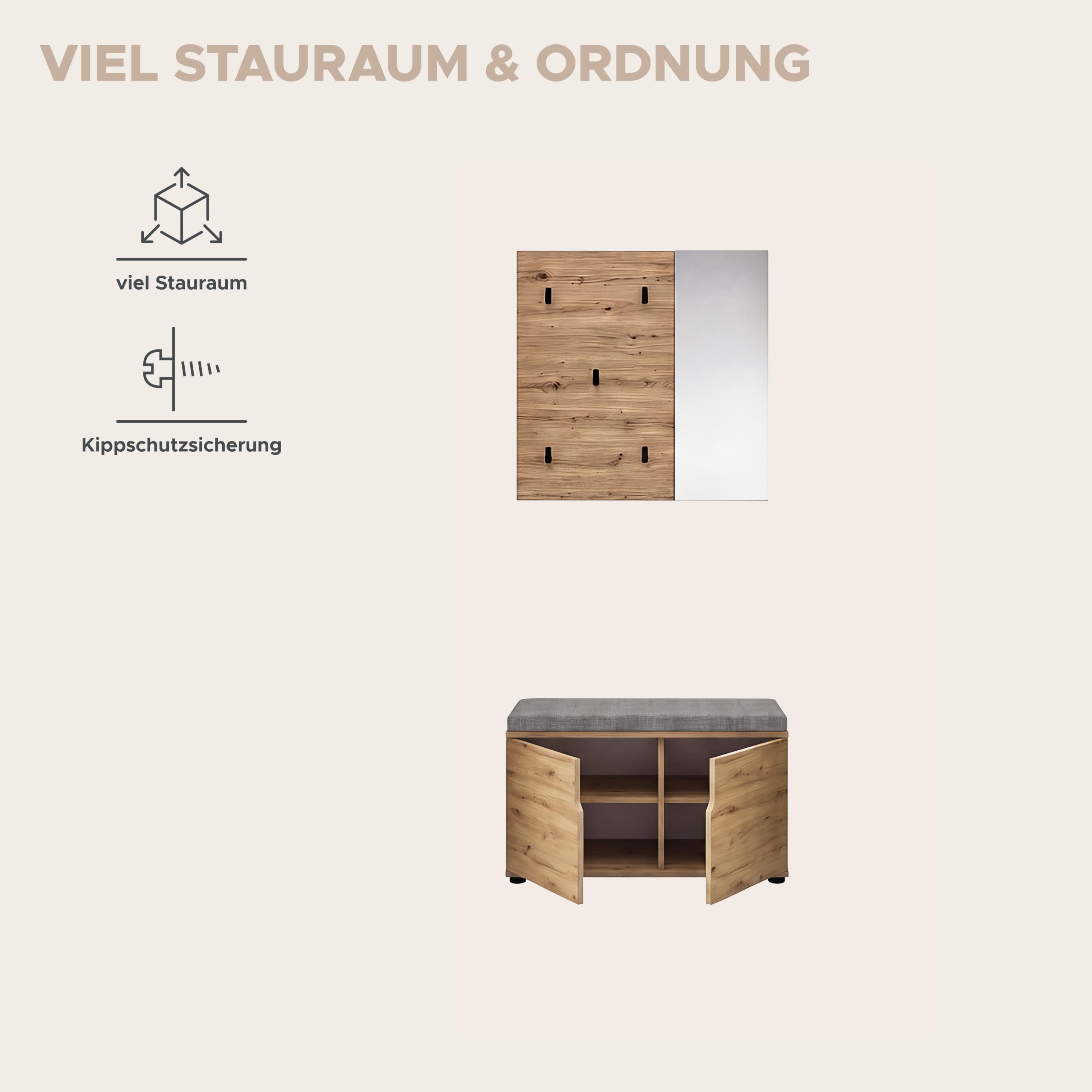 xonox.home - Keno Artisan - Armadio combinato da 2 pezzi, rovere melammina | Composto da pannello appendiabiti, panca con cuscino per cuscini, molto spazio per il corridoio ordinato