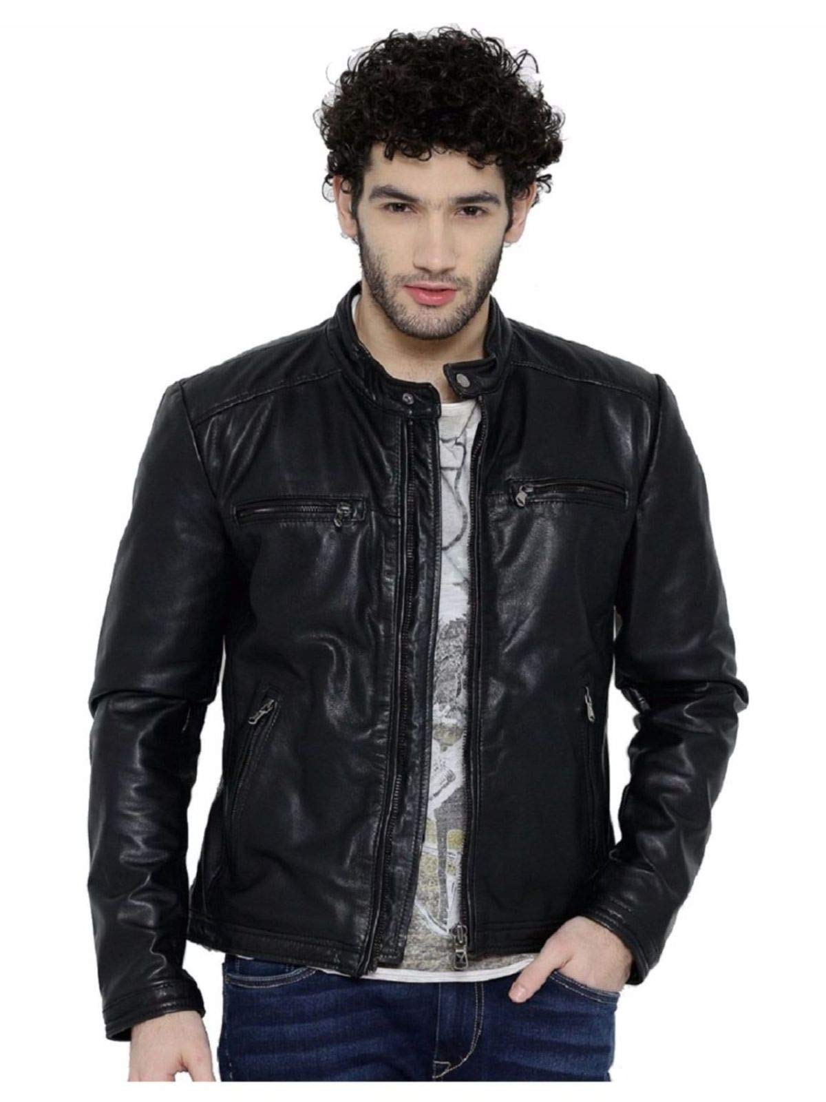 jugnu leathersolid black leather jacket for men's - 063