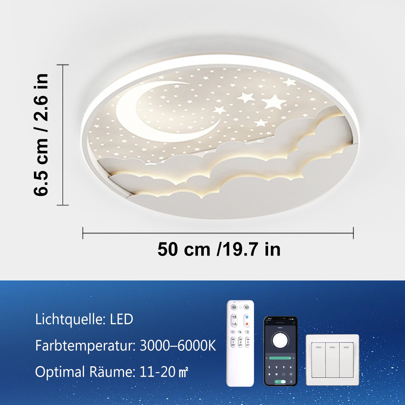 YZBEIMDAI Lampada da soffitto a LED per bambini, 50cm Stella Luna Plafoniera Cameretta Bambini Dimmerabile con Telecomando APP, 3000-6000K, Per Ragazzi Ragazze Cameretta