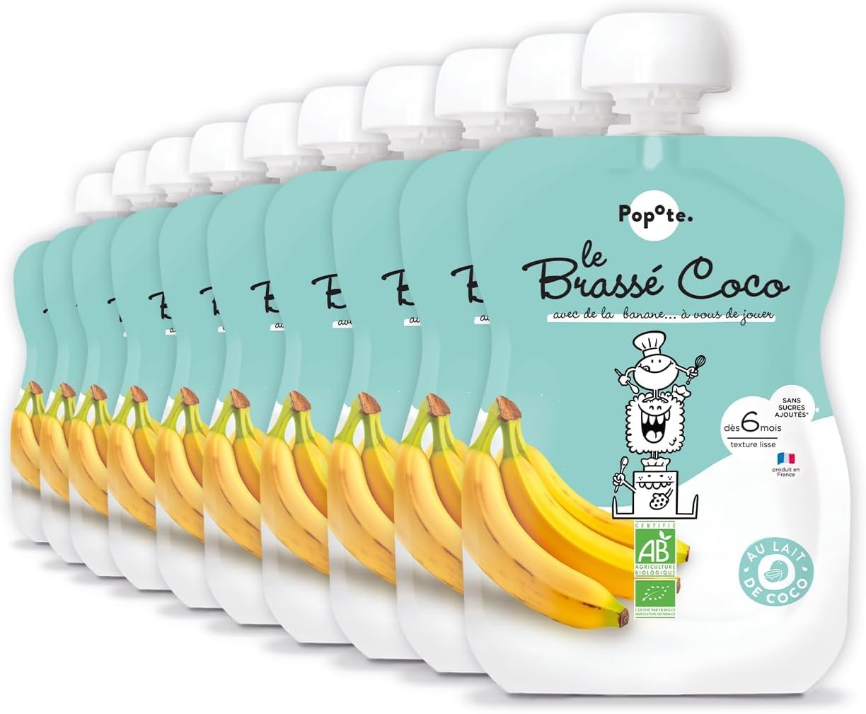 POPOTE - Brassé Coco Banane Bio Bébé 100 g - Dès 6 mois - Gourde Individuelle - Yaourt Végétal, Texture Onctueuse - Format Pratique à Emporter - Pack Familial 10 x 100 g - Sans Sucre Ajouté