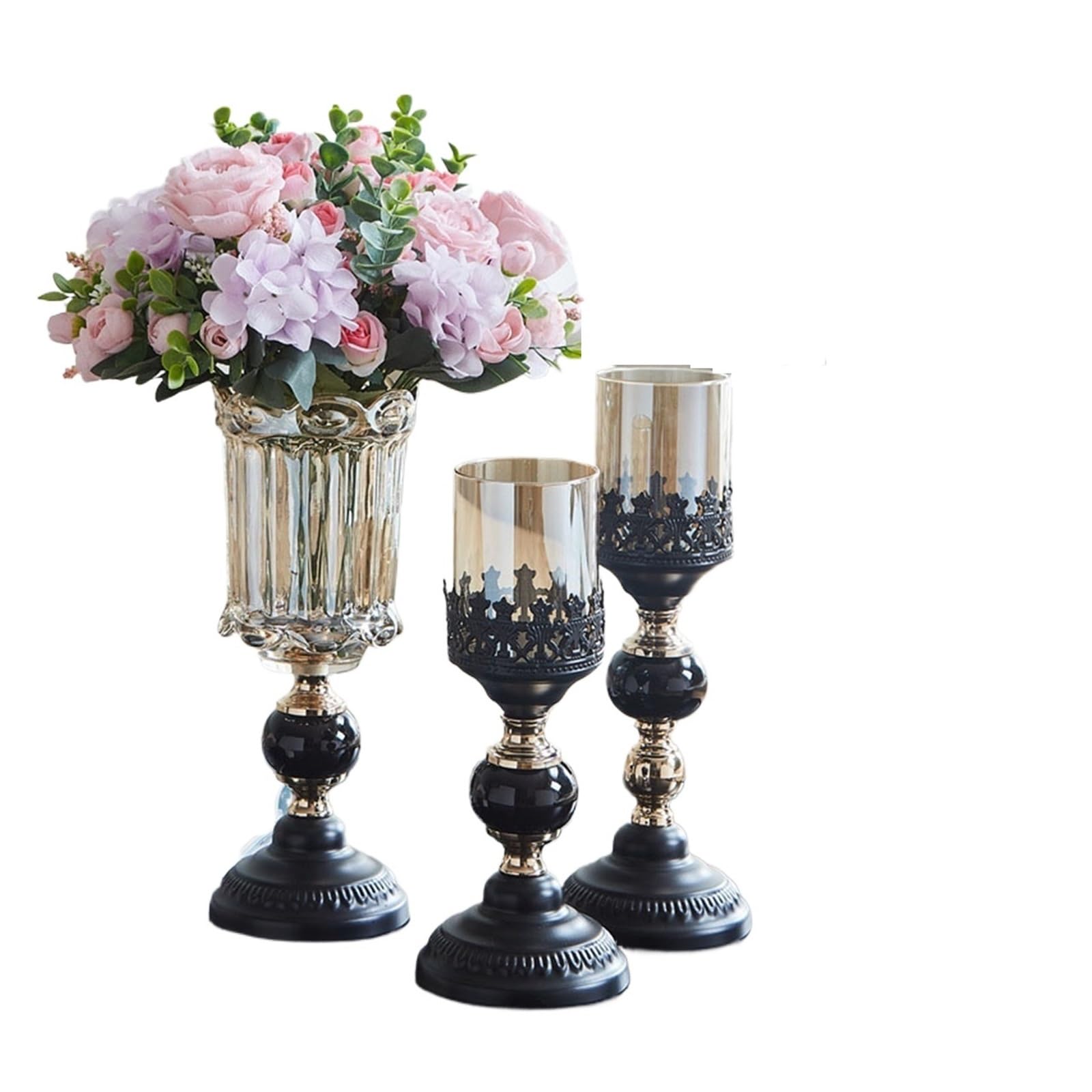 Vintage Candlestick/Vase Set For Candlelight Dinner, Retro Romantic Table Centerpiece Decor Props(Black,Candlestick+Vase)