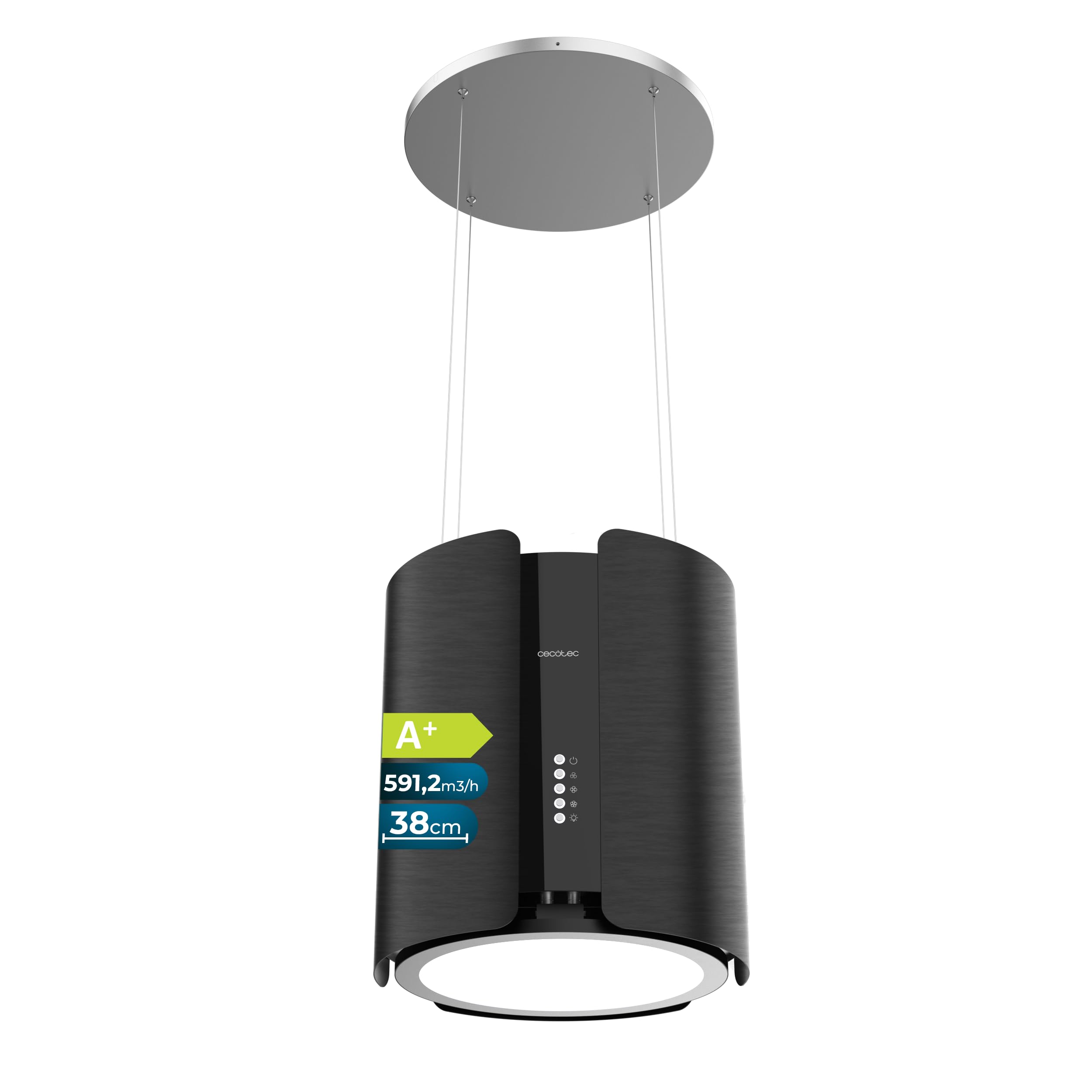 Cecotec Cappa a Isola Rotonda 38 cm Bolero Flux CRE 385500 Black A+. Portata 591,2 m³/h, Motore DC, Comandi Elettronici, Filtro Carbone, Classe A+, Finitura Acciaio Nero