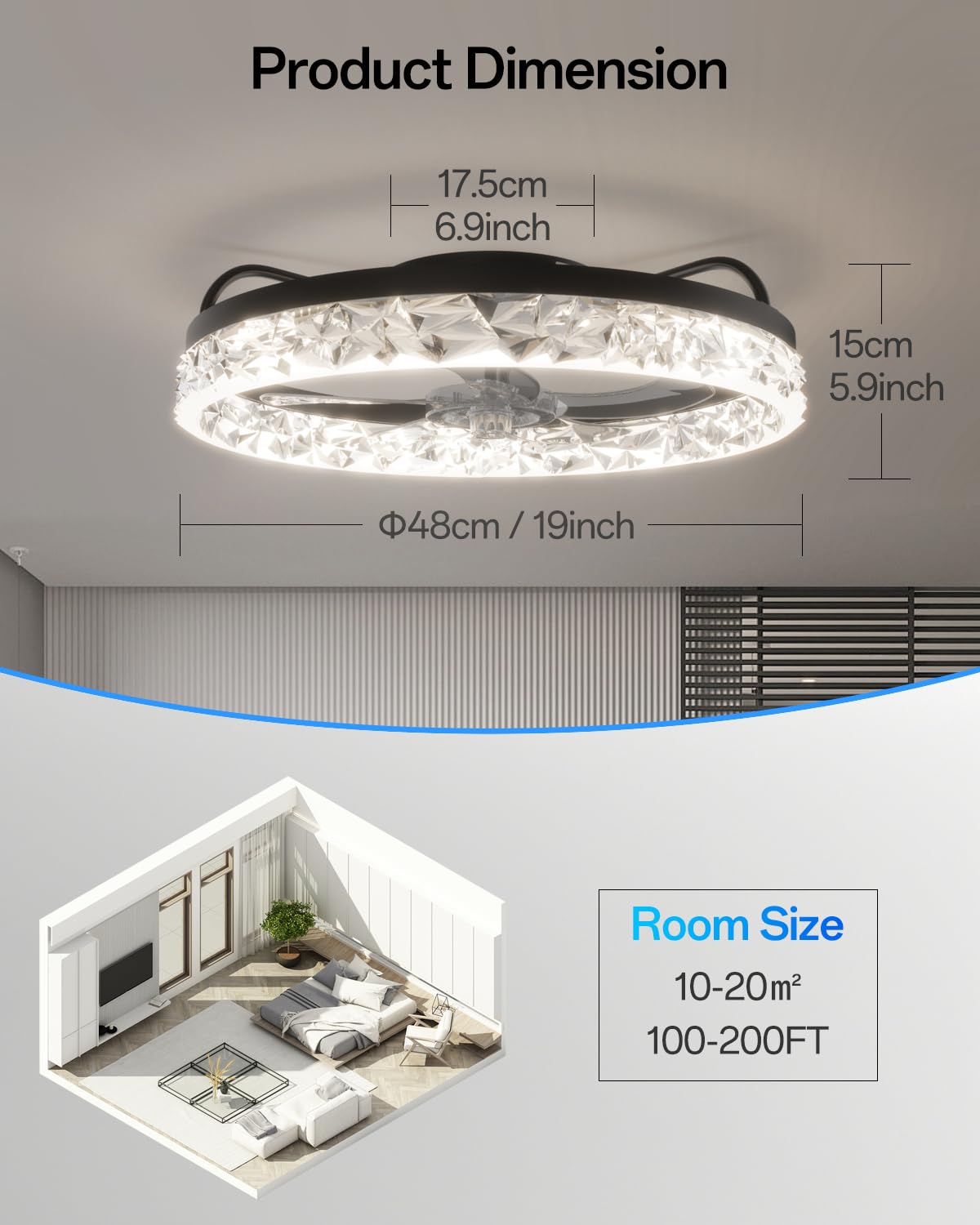 Inteligentna lampa sufitowa z wentylatorem WiFi, kompatybilna z Alexą i Google, possibility of dimming, 5 odwracalnych łopatek, czarna