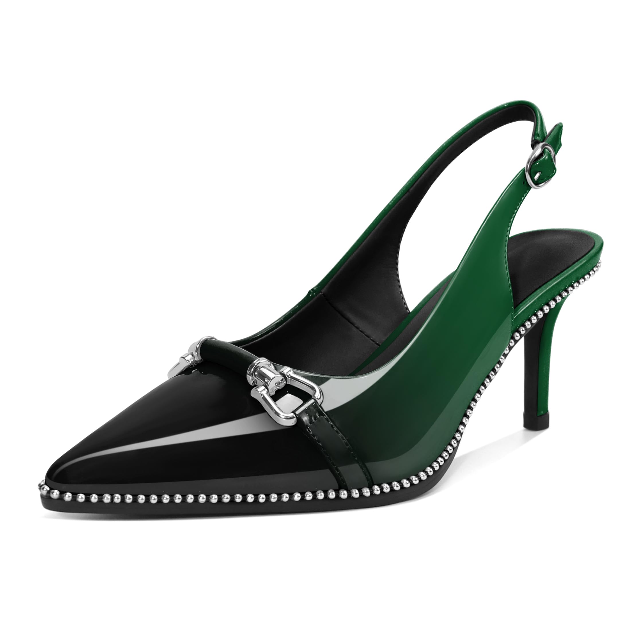 Younton Women's Slingback Heels Sliver Beaded Kitten Pumps Closed Pointed Toe Stiletto Mid Heels Dress Bridal Wedding Comfortable 2.5 Inch Sandals