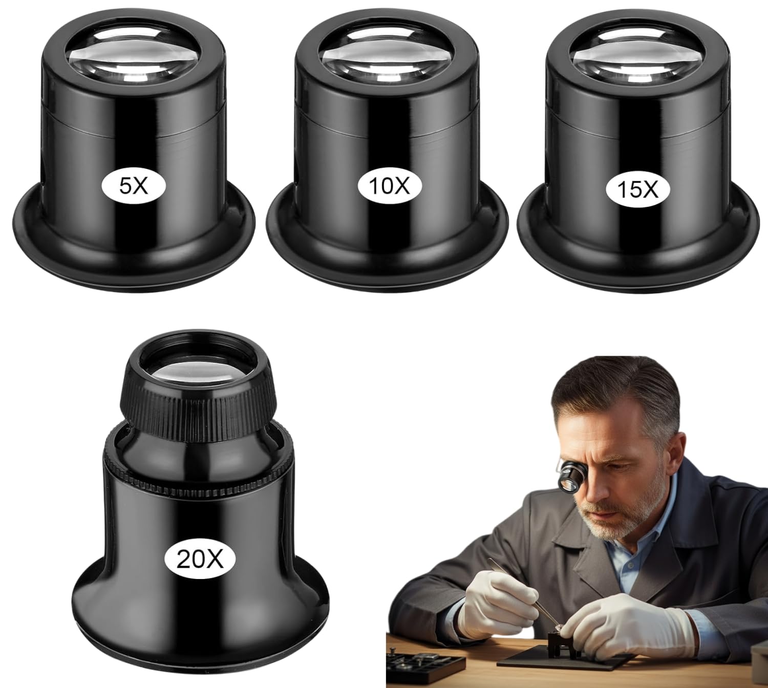 4PCS Jewellers Loupe Set - 5X/10X/15X/20X Magnifying Glass for Jewellery, Coin & Antique Inspection, Portable Professional Monocular Optical Glass Loupes for Collectors Hobbyists