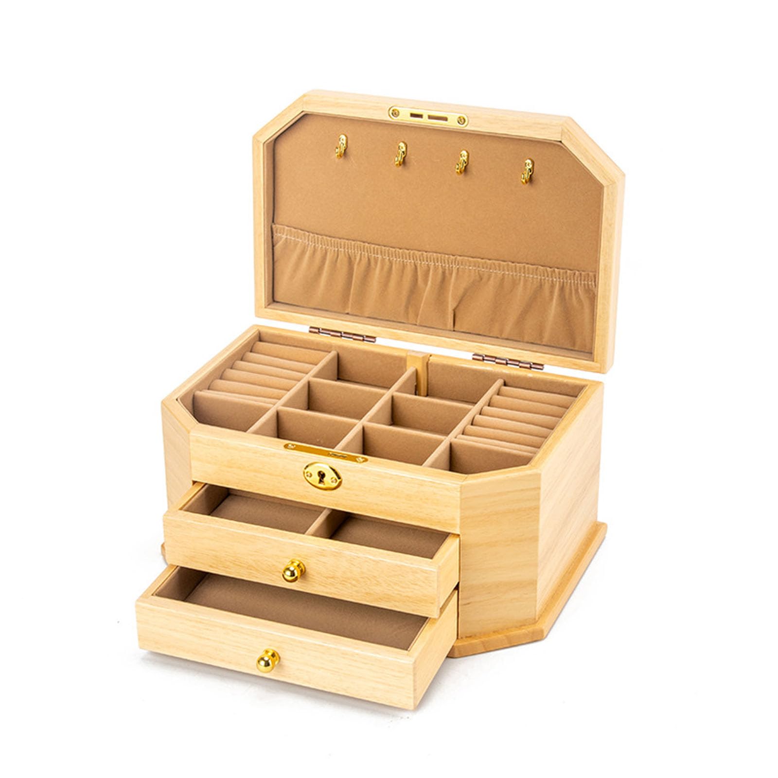 Scatola di gioielli in legno massiccio ottagonale vintage con serratura, 4 cassetti grande gioielli organizzatore, velluto rivestito caso di stoccaggio di gioielli in legno con hardware in oro ,Beige