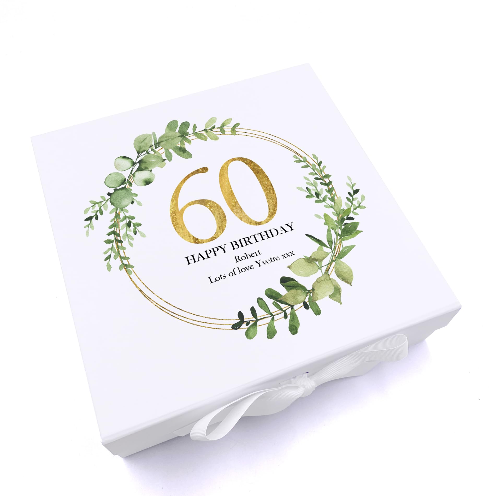 Ukgiftstoreonline White Personalised 60Th Birthday Gift For Her Keepsake Memory Box Gold Wreath Design (Large)