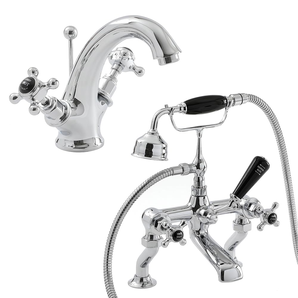 Milano Chrome & Black Elizabeth Mono Bathroom Basin Mixer Tap Bath Tap Hand Shower - Chrome Black