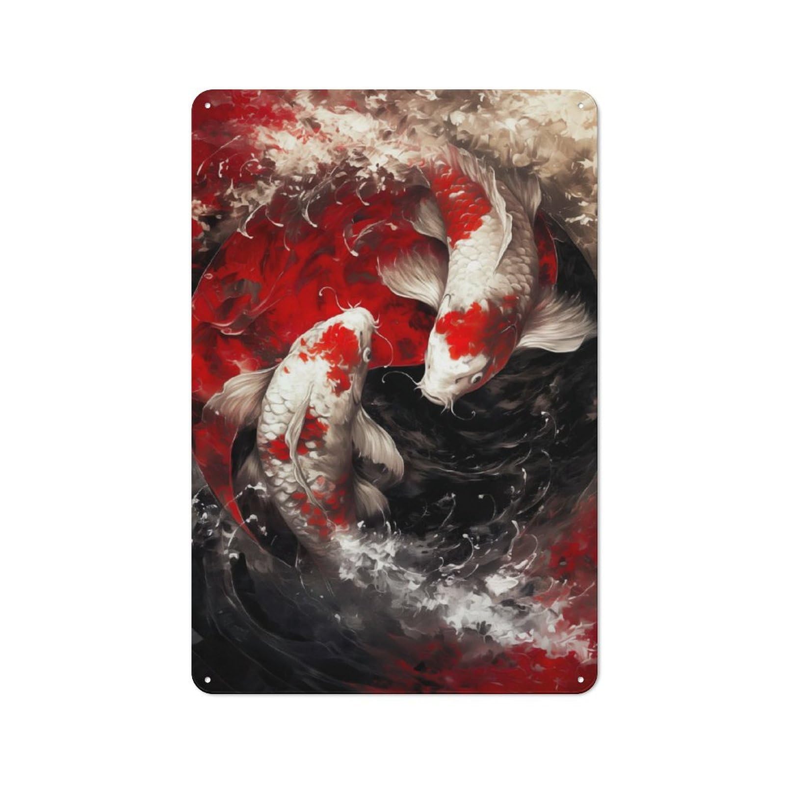 Junmoney Koi Fish Yin And Yang Tin Wall Plaque 30X20cm With For Home Bar Wall, For Kitchen And Home Bar Decor, For Home Office And Studio Walls