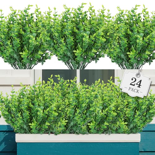 AGIRL 24 Bundles Fake Plants Greenery Stems,Artificial Plants for Outdoor,No Fade Faux Plastic Plants for Hanging Indoor,St Patricks Day Decoration Garden Porch Window Box Home Wedding Farmhouse