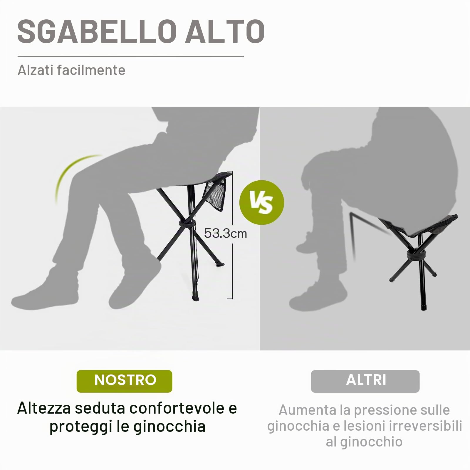 EVER ADVANCED Sgabello pieghevole da campeggio ultraleggero, 53,3cm altezza, 102 kg carico con tasca laterale, per campeggio, caccia, escursionismo, pesca, nero