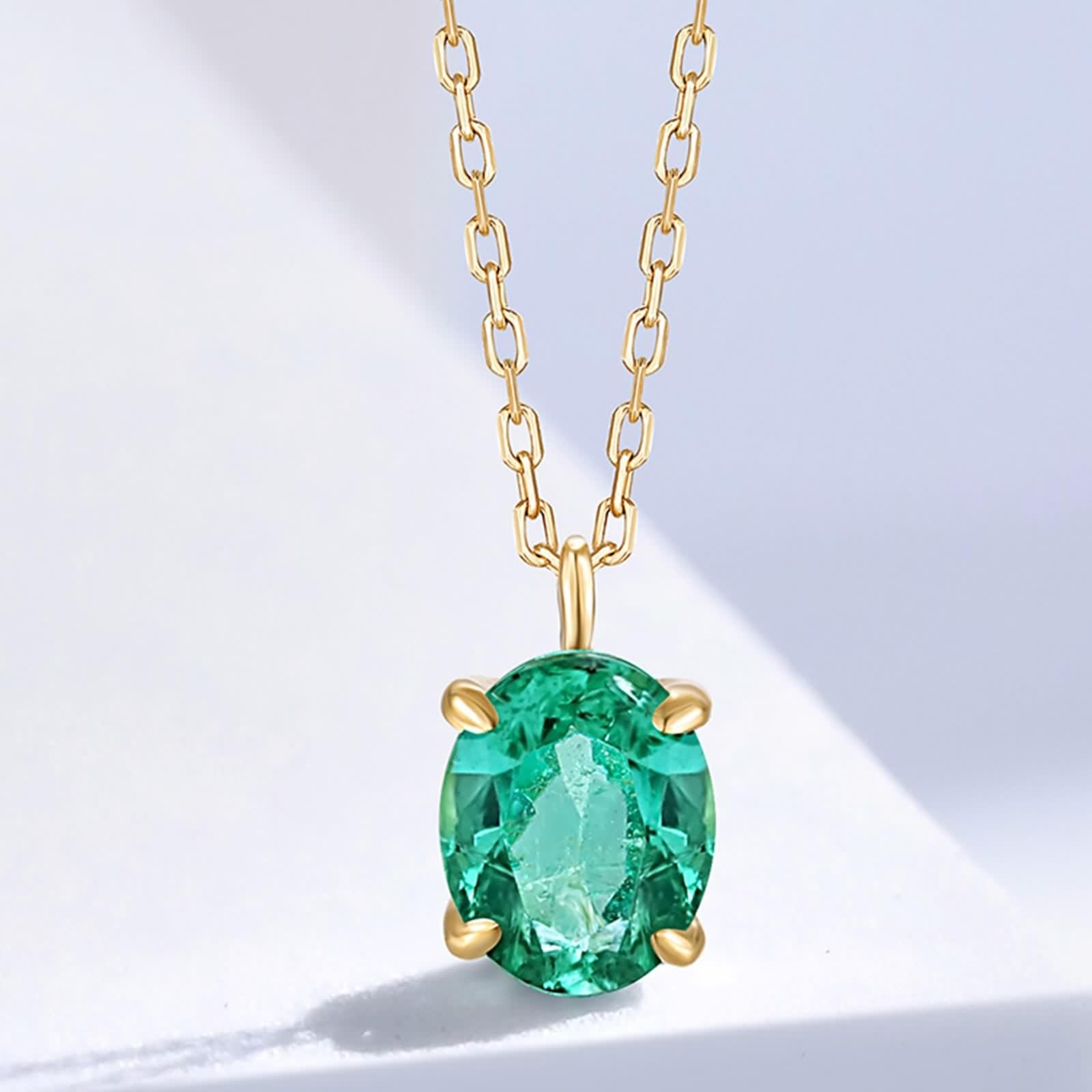Collar de oro amarillo, collar largo para mujer, esmeralda verde, cadena con colgante de 1 quilate, moda para mamá, esposa, novia