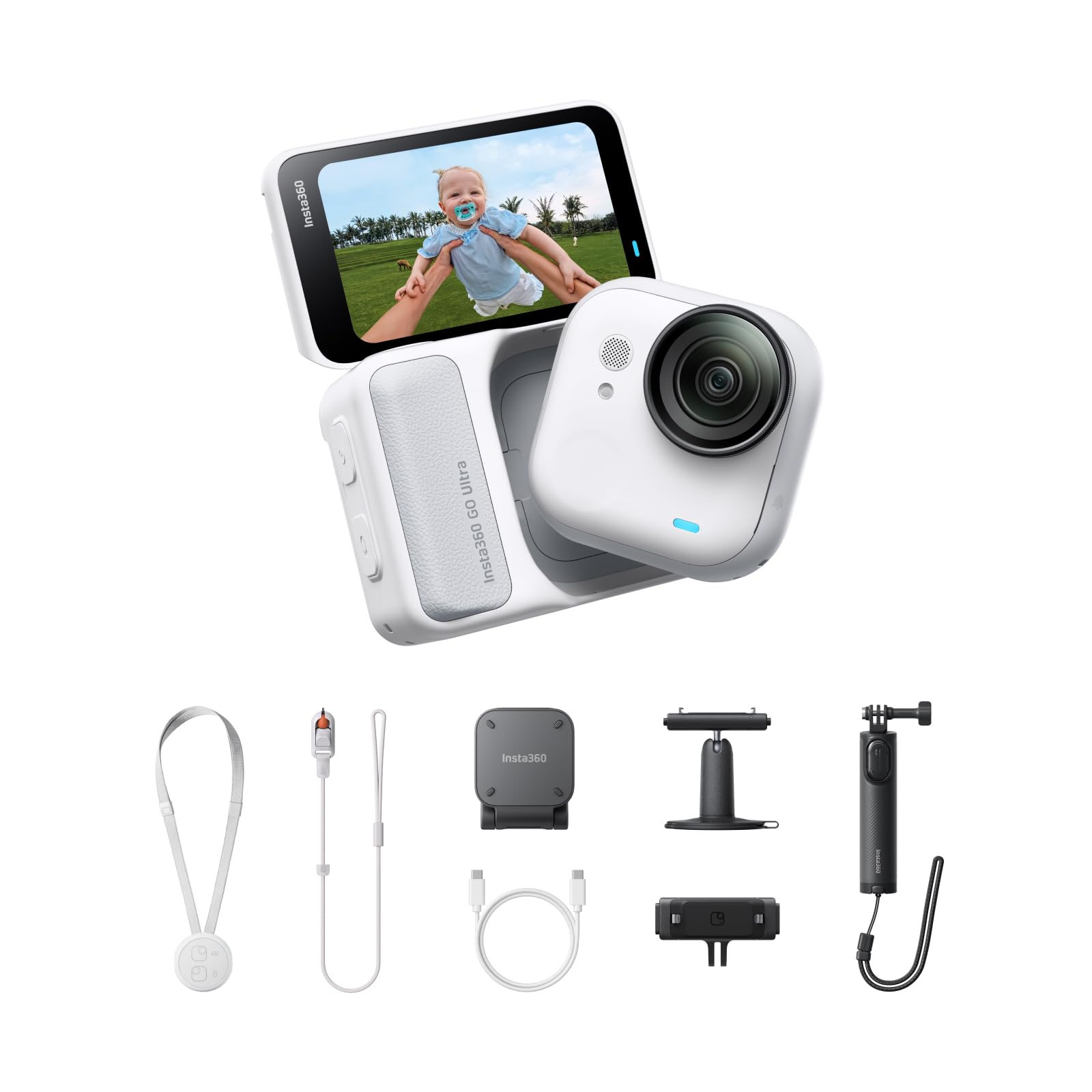 Insta360 GO Ultra Pack Creator Bianco- Mini action cam 4K, vlog camera, fotocamera POV a mani libere, sensore 1/1,28″, pockect cam 53 g, FOV 156°, autonomia 200 min, indossabile per sport, vlog