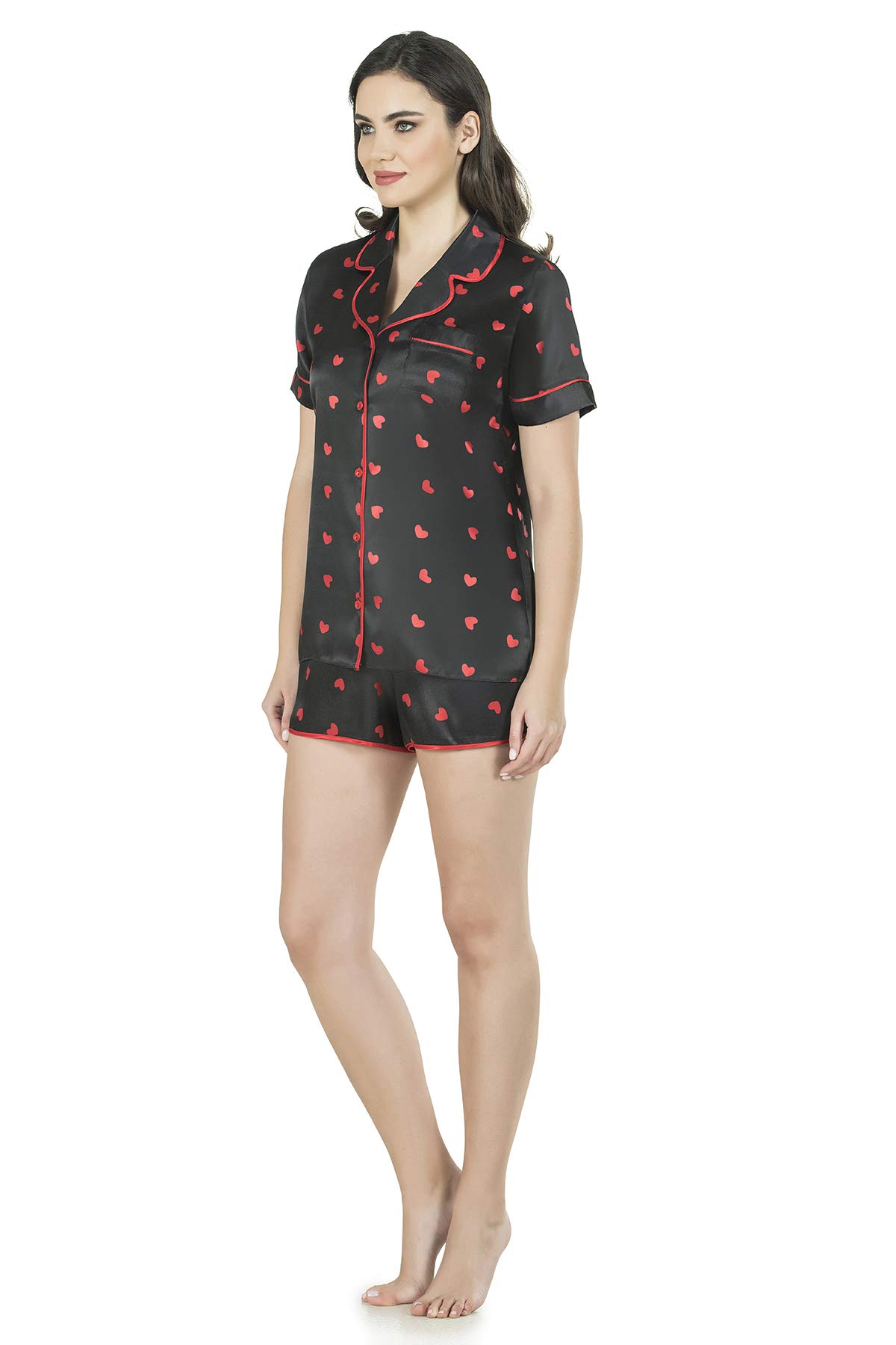 FabienneWomen's Satin Short Set Heart Printed Notch Collar Sleepwear Two Piece Nightwear